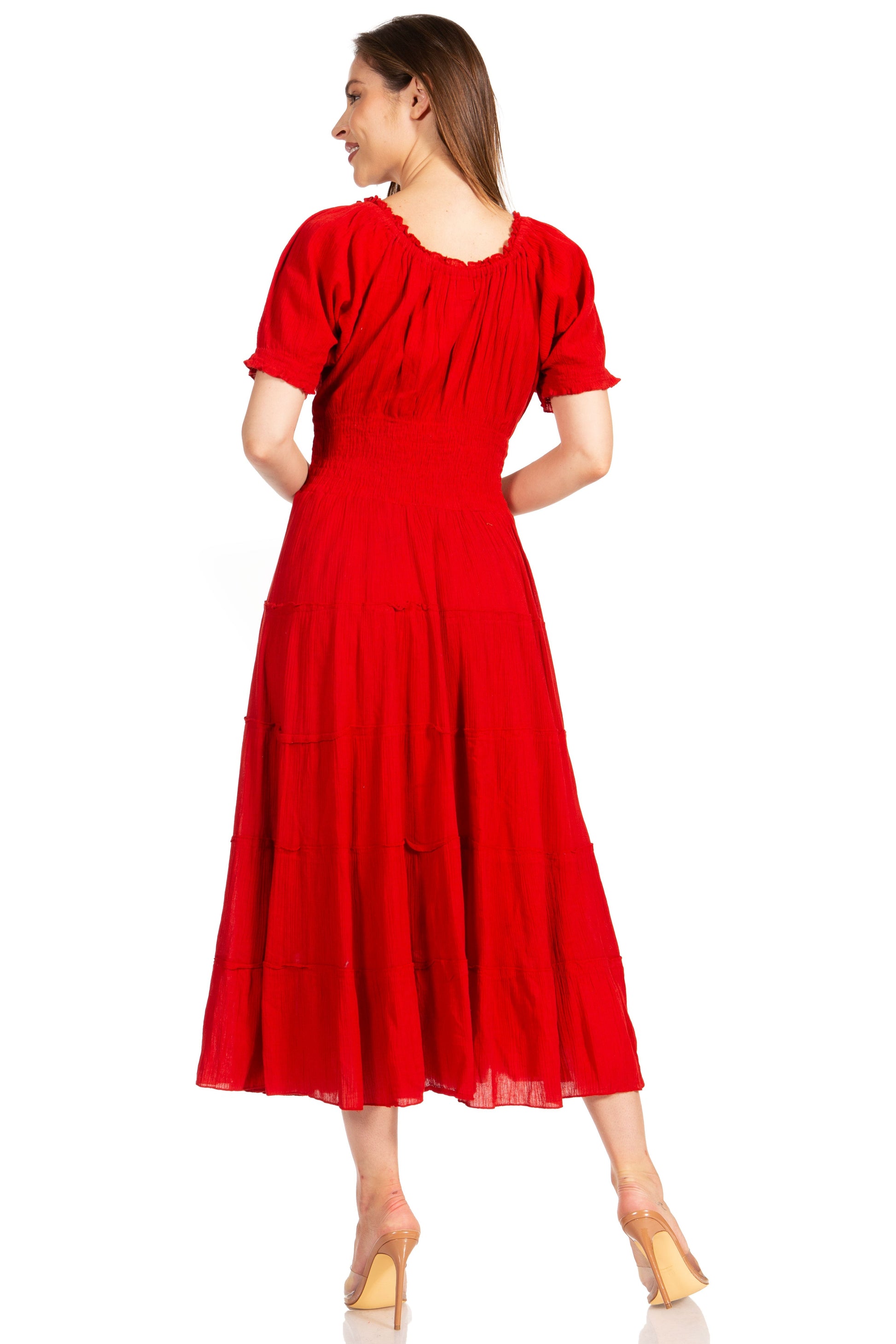 Sakkas Cotton Crepe Smocked Peasant Gypsy Boho Renaissance Mid Length Dress - Concordia Style Boutique