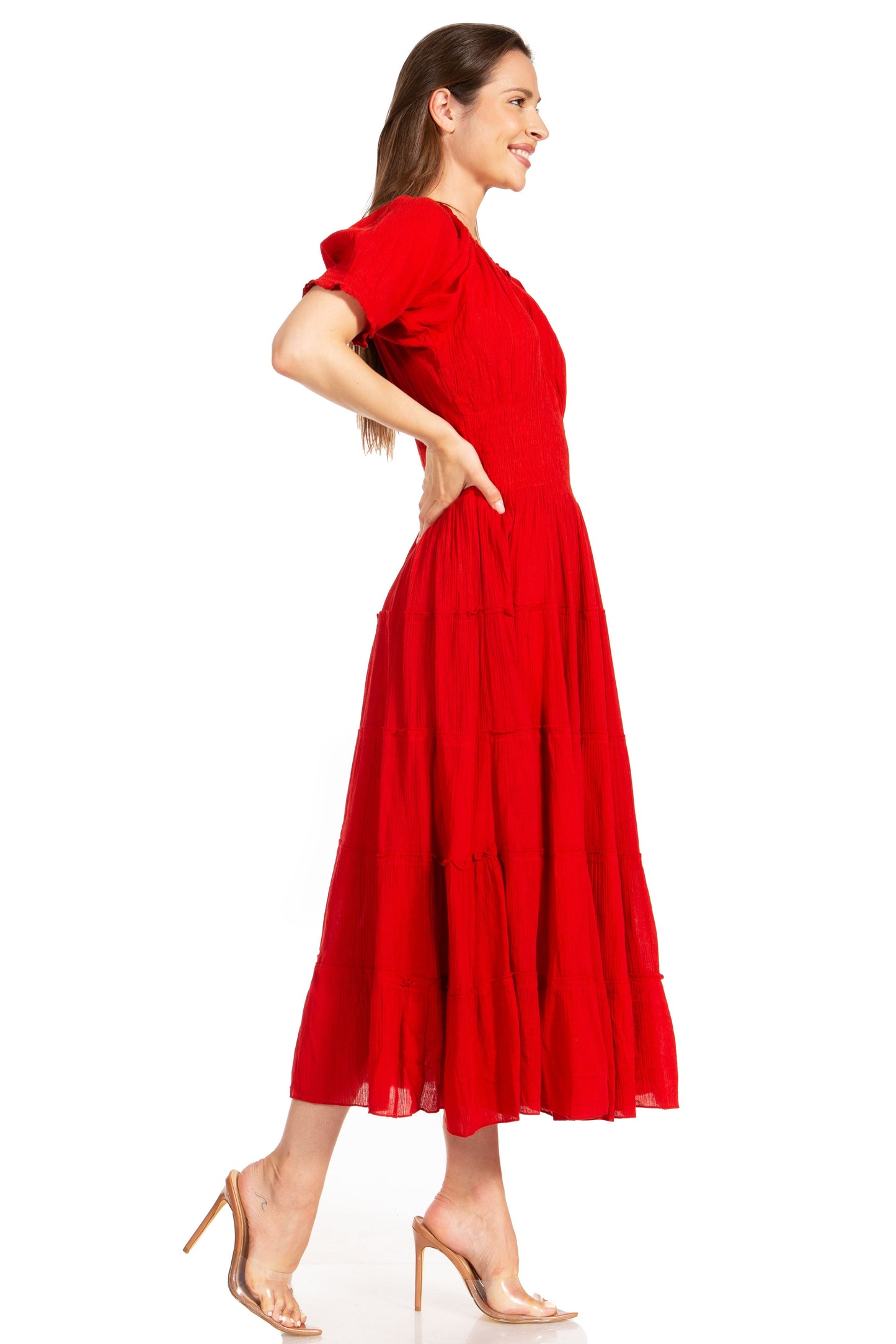 Sakkas Cotton Crepe Smocked Peasant Gypsy Boho Renaissance Mid Length Dress - Concordia Style Boutique