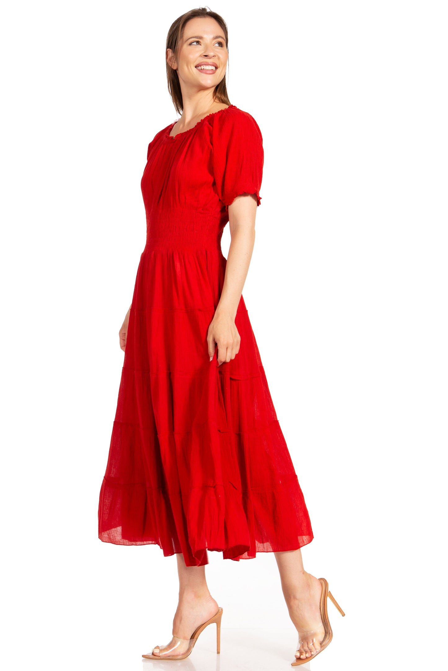 Sakkas Cotton Crepe Smocked Peasant Gypsy Boho Renaissance Mid Length Dress - Concordia Style Boutique