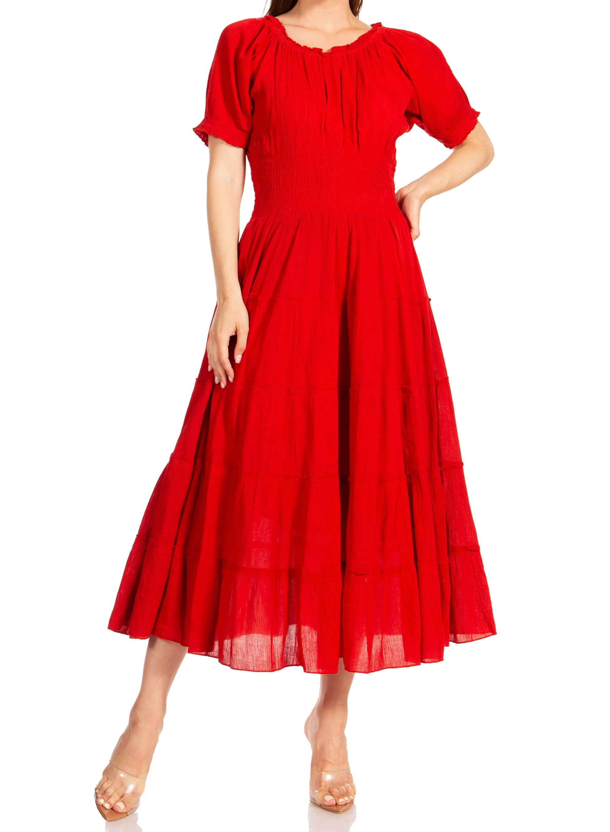 Sakkas Cotton Crepe Smocked Peasant Gypsy Boho Renaissance Mid Length Dress - Concordia Style Boutique