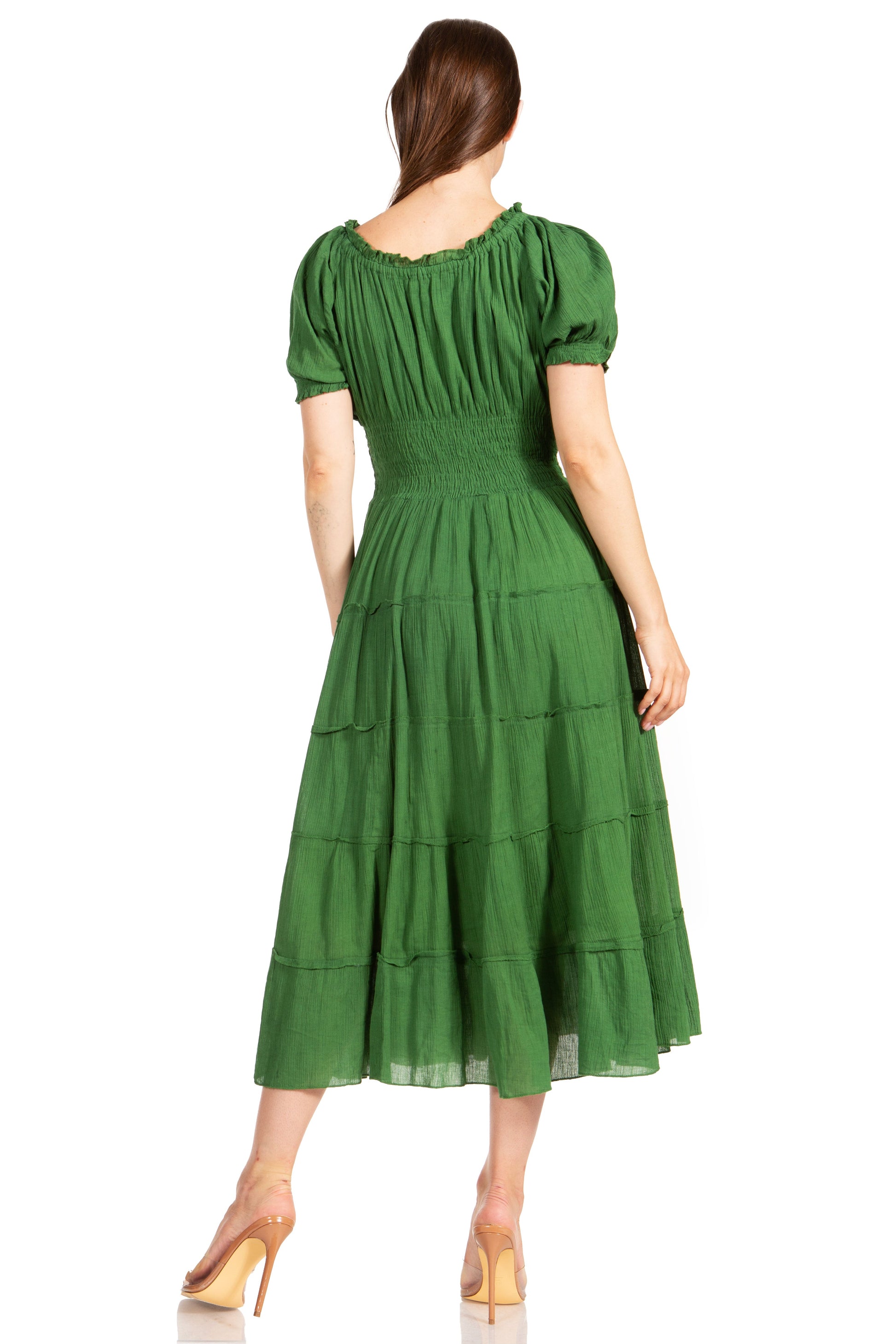 Sakkas Cotton Crepe Smocked Peasant Gypsy Boho Renaissance Mid Length Dress - Concordia Style Boutique