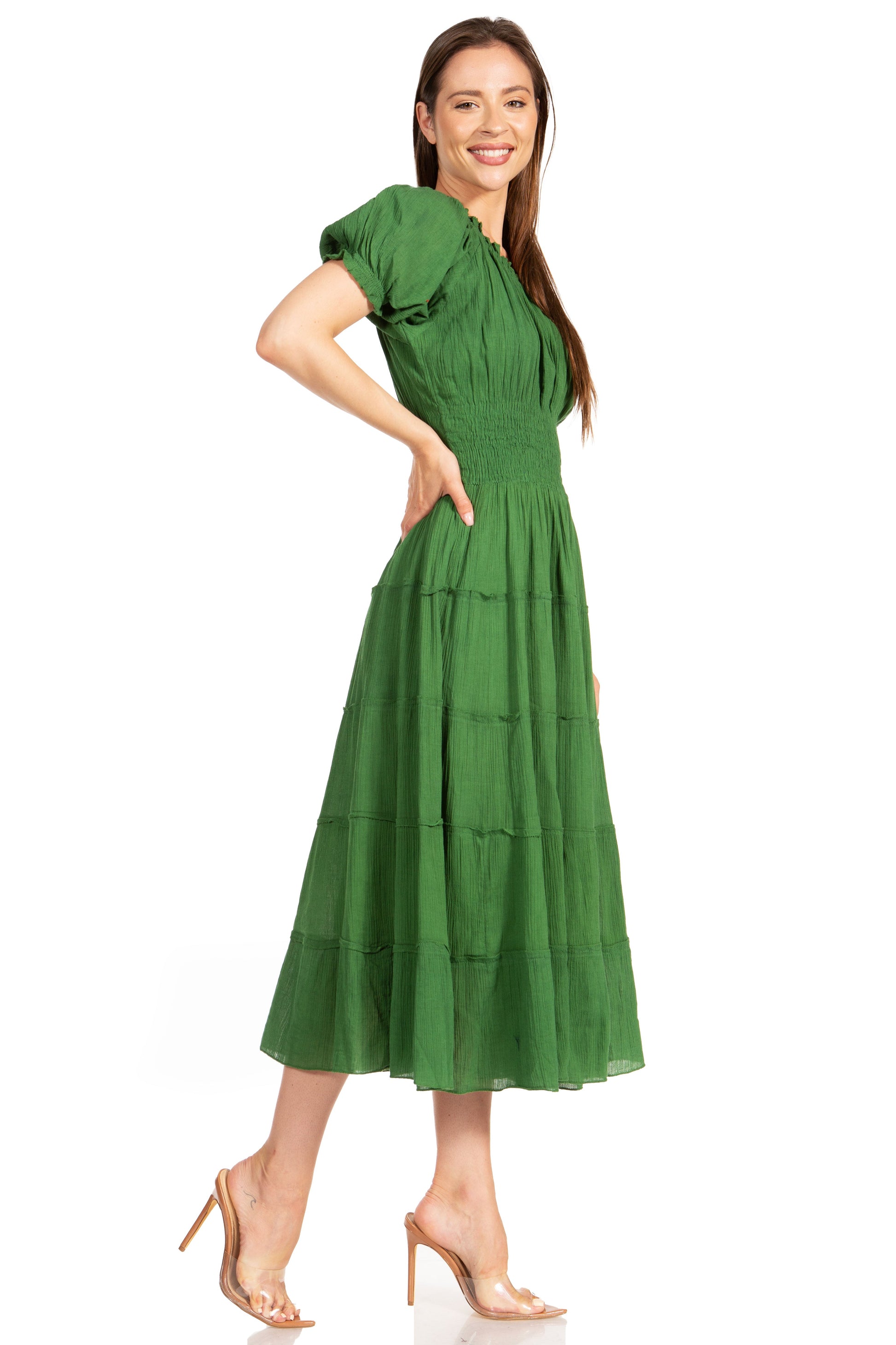 Sakkas Cotton Crepe Smocked Peasant Gypsy Boho Renaissance Mid Length Dress - Concordia Style Boutique