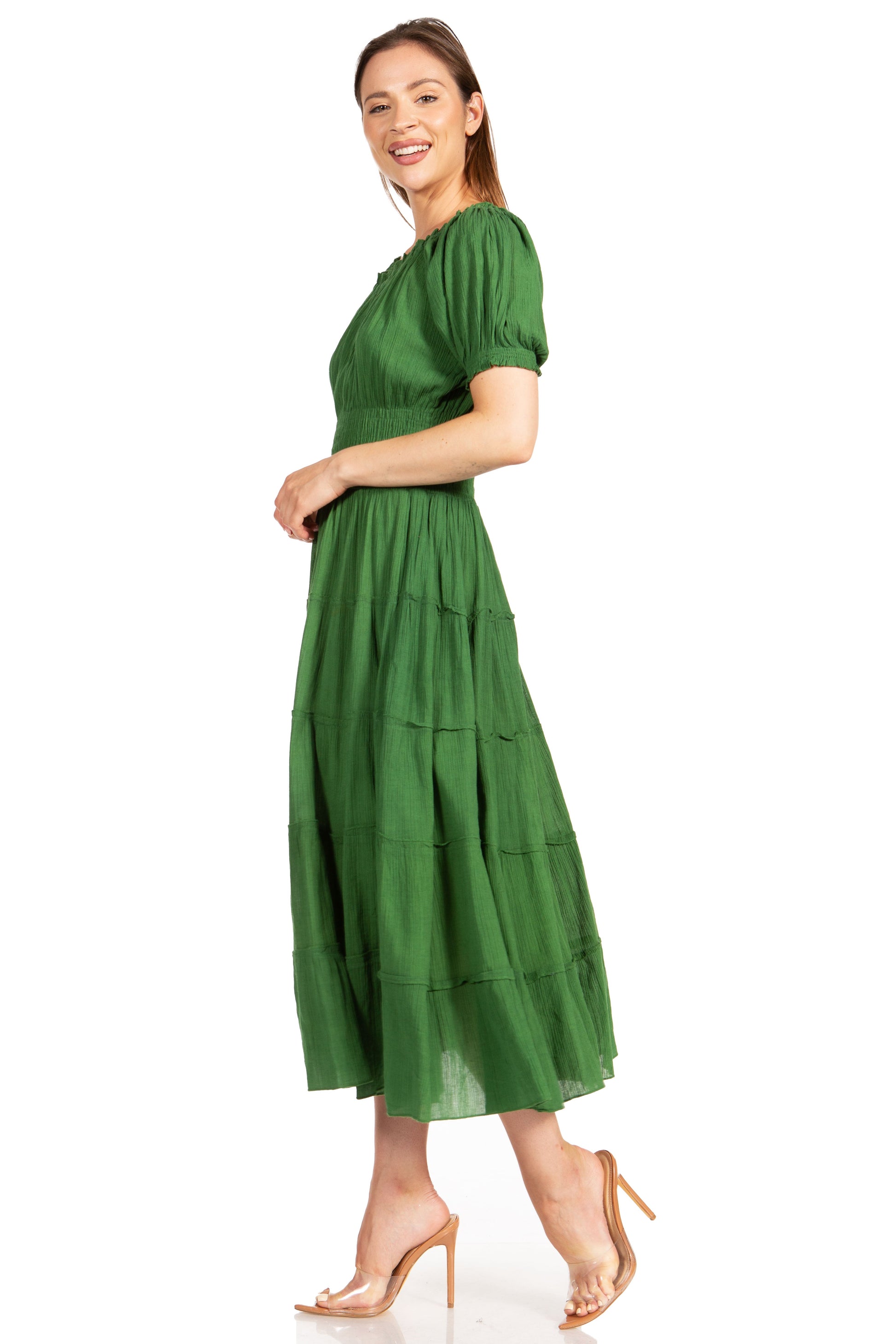 Sakkas Cotton Crepe Smocked Peasant Gypsy Boho Renaissance Mid Length Dress - Concordia Style Boutique