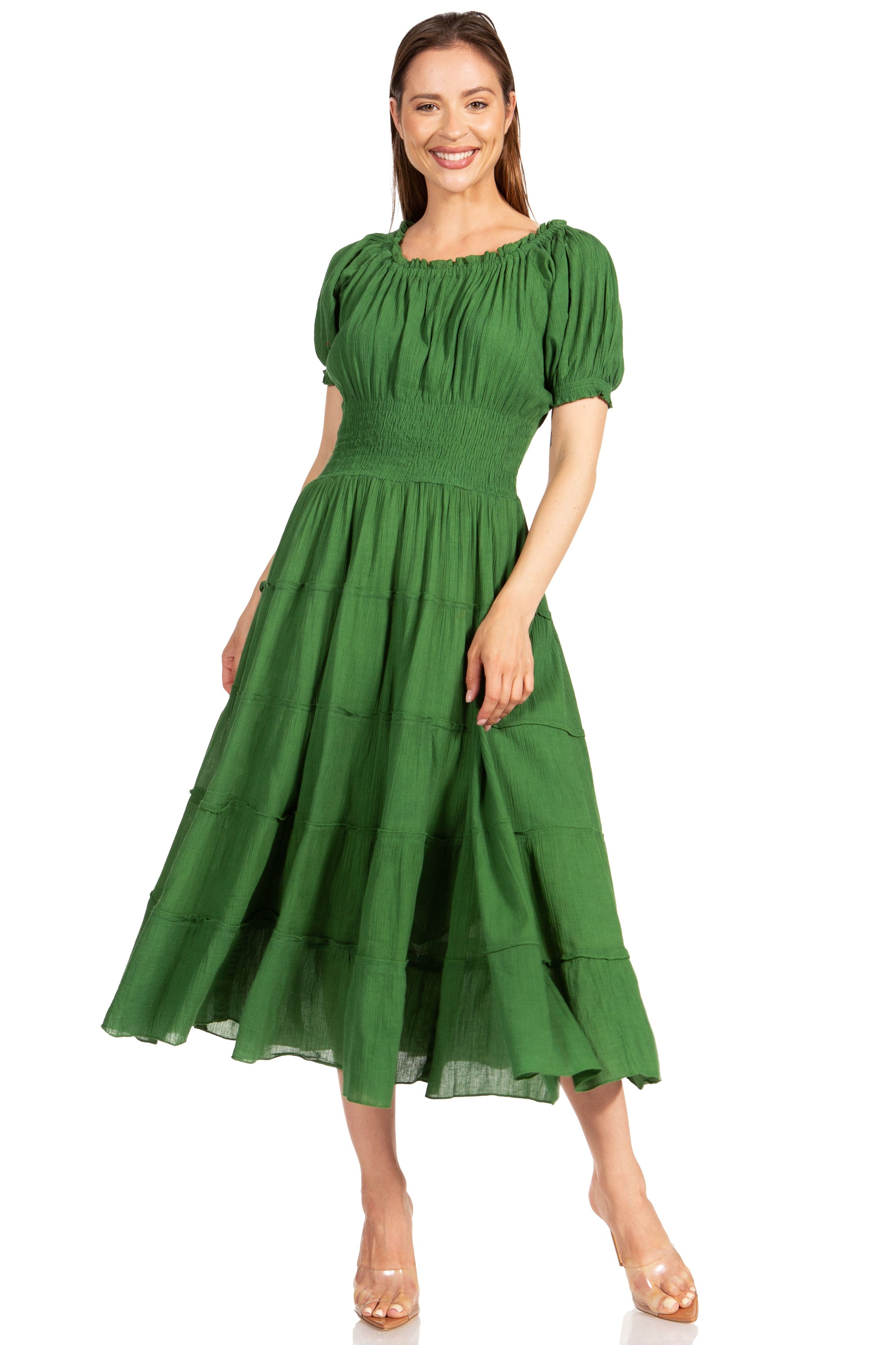 Sakkas Cotton Crepe Smocked Peasant Gypsy Boho Renaissance Mid Length Dress - Concordia Style Boutique
