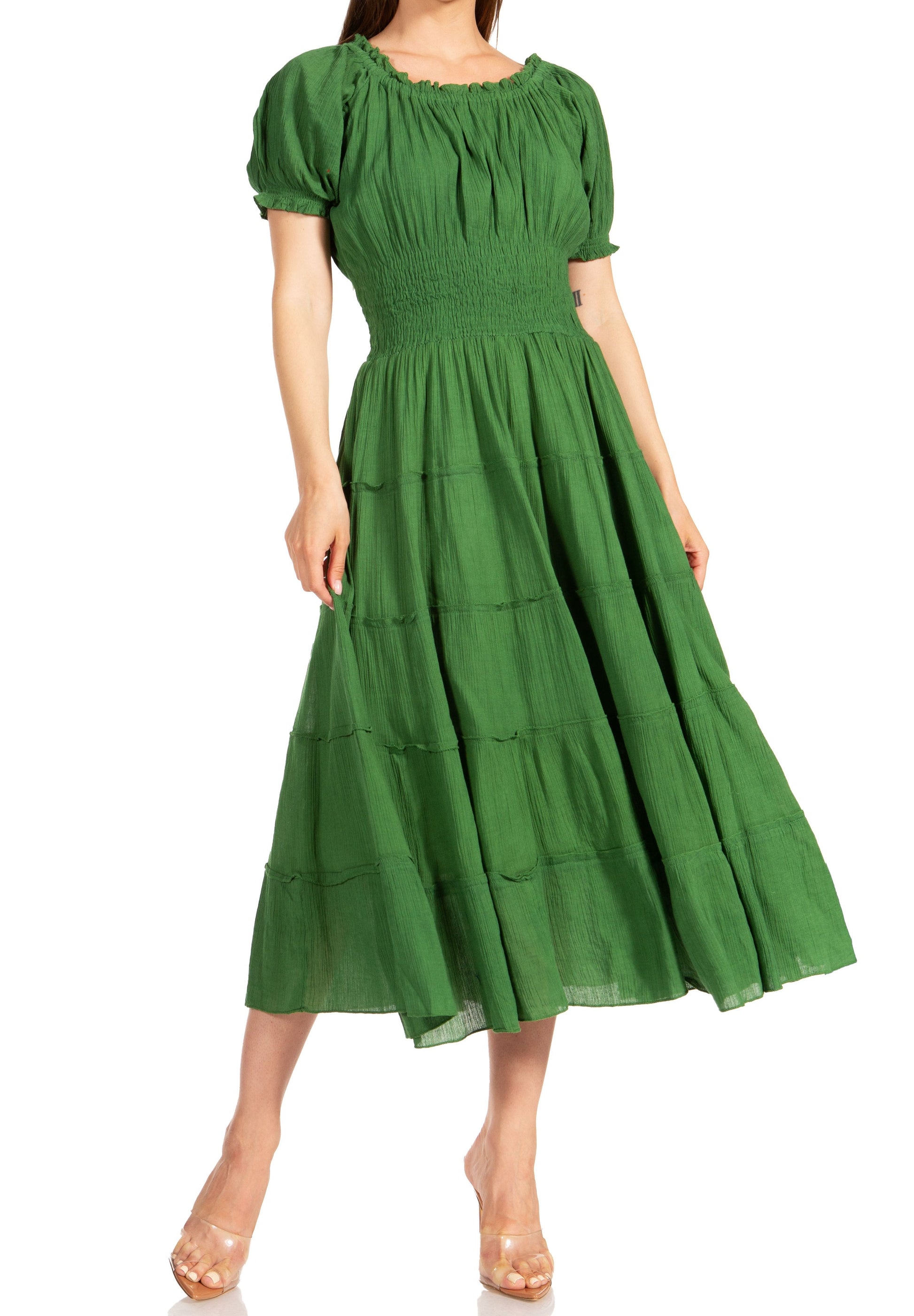 Sakkas Cotton Crepe Smocked Peasant Gypsy Boho Renaissance Mid Length Dress - Concordia Style Boutique