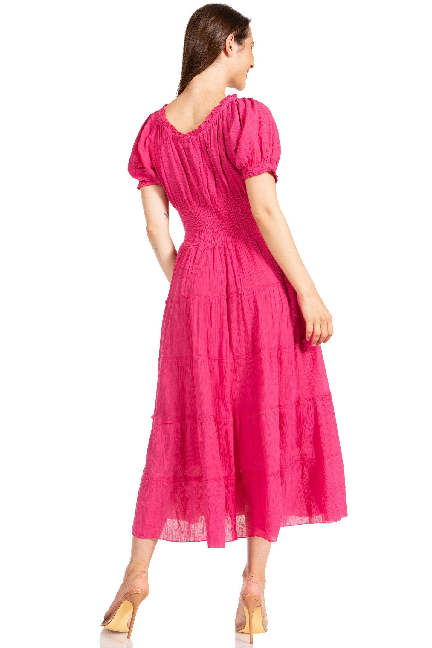 Sakkas Cotton Crepe Smocked Peasant Gypsy Boho Renaissance Mid Length Dress - Concordia Style Boutique