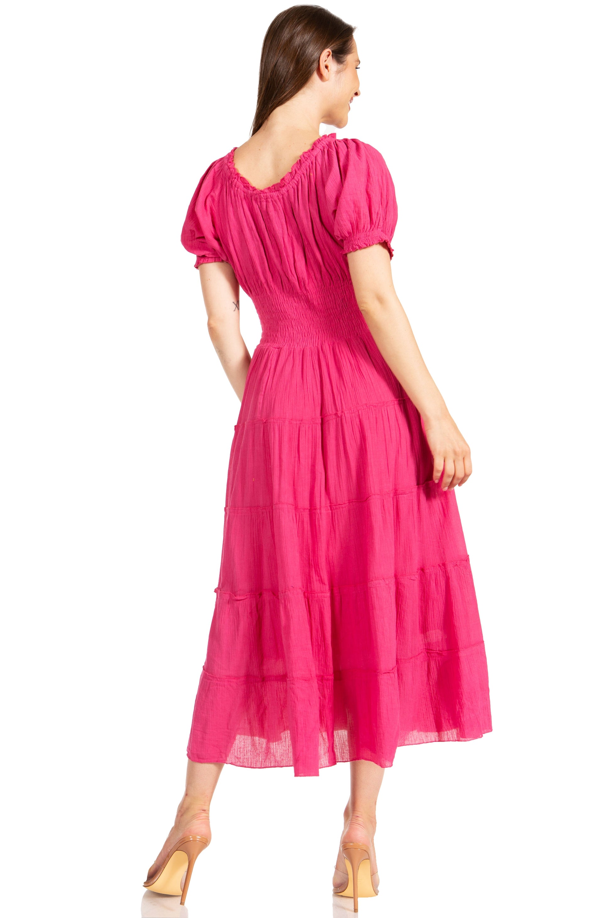 Sakkas Cotton Crepe Smocked Peasant Gypsy Boho Renaissance Mid Length Dress - Concordia Style Boutique