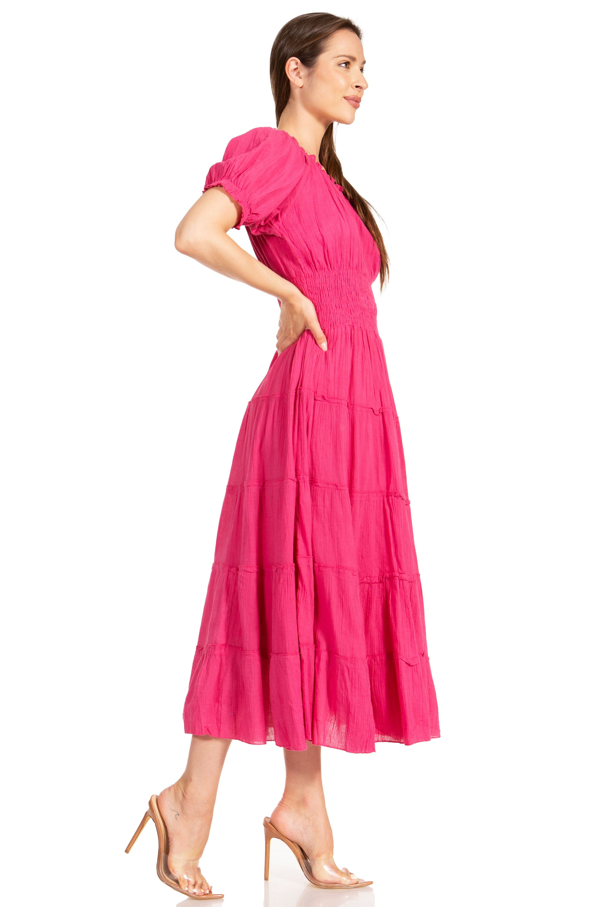 Sakkas Cotton Crepe Smocked Peasant Gypsy Boho Renaissance Mid Length Dress - Concordia Style Boutique