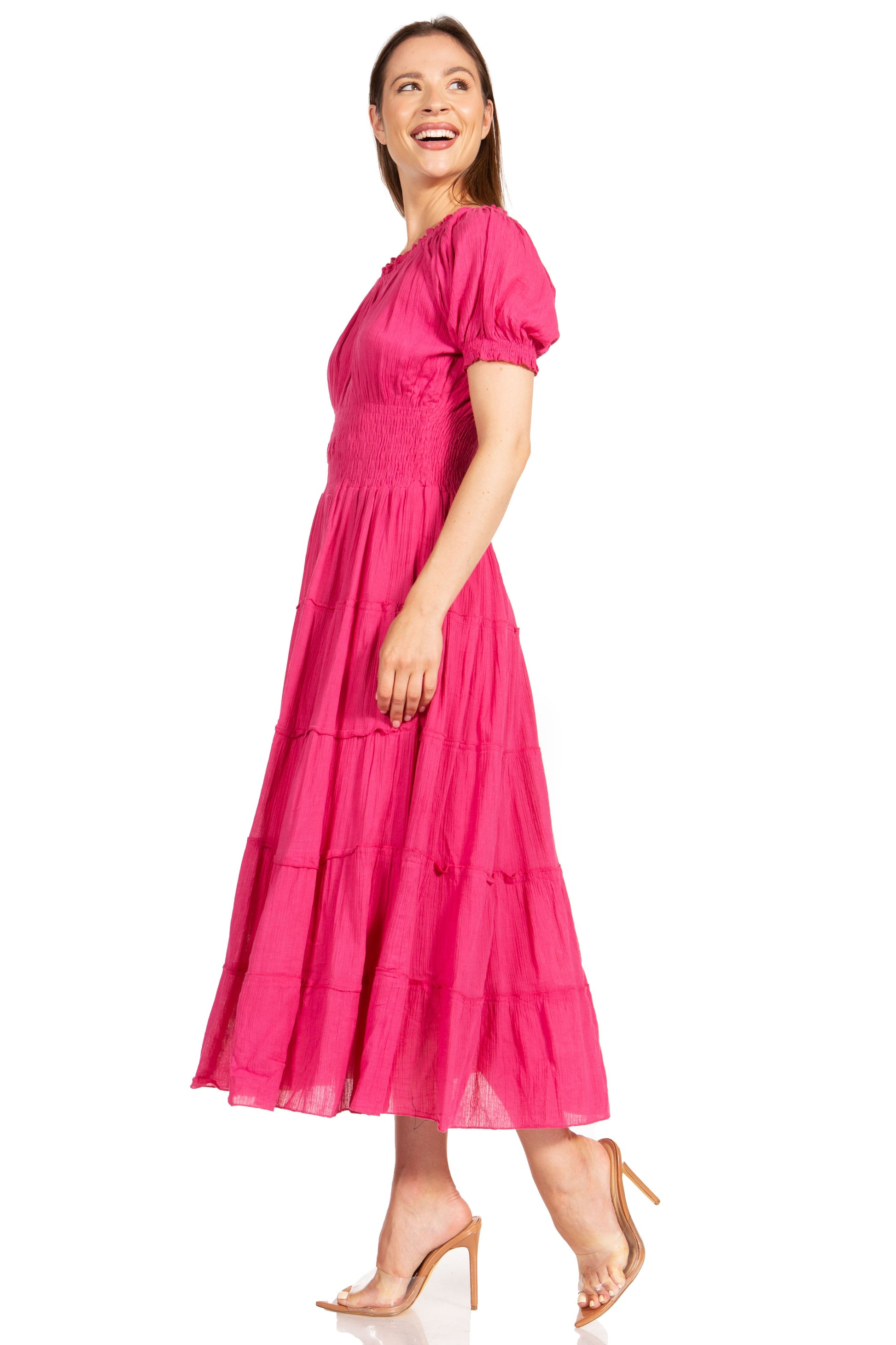 Sakkas Cotton Crepe Smocked Peasant Gypsy Boho Renaissance Mid Length Dress - Concordia Style Boutique