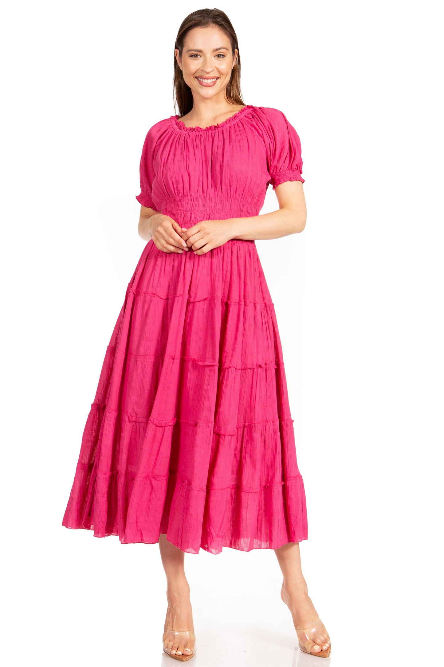 Sakkas Cotton Crepe Smocked Peasant Gypsy Boho Renaissance Mid Length Dress - Concordia Style Boutique