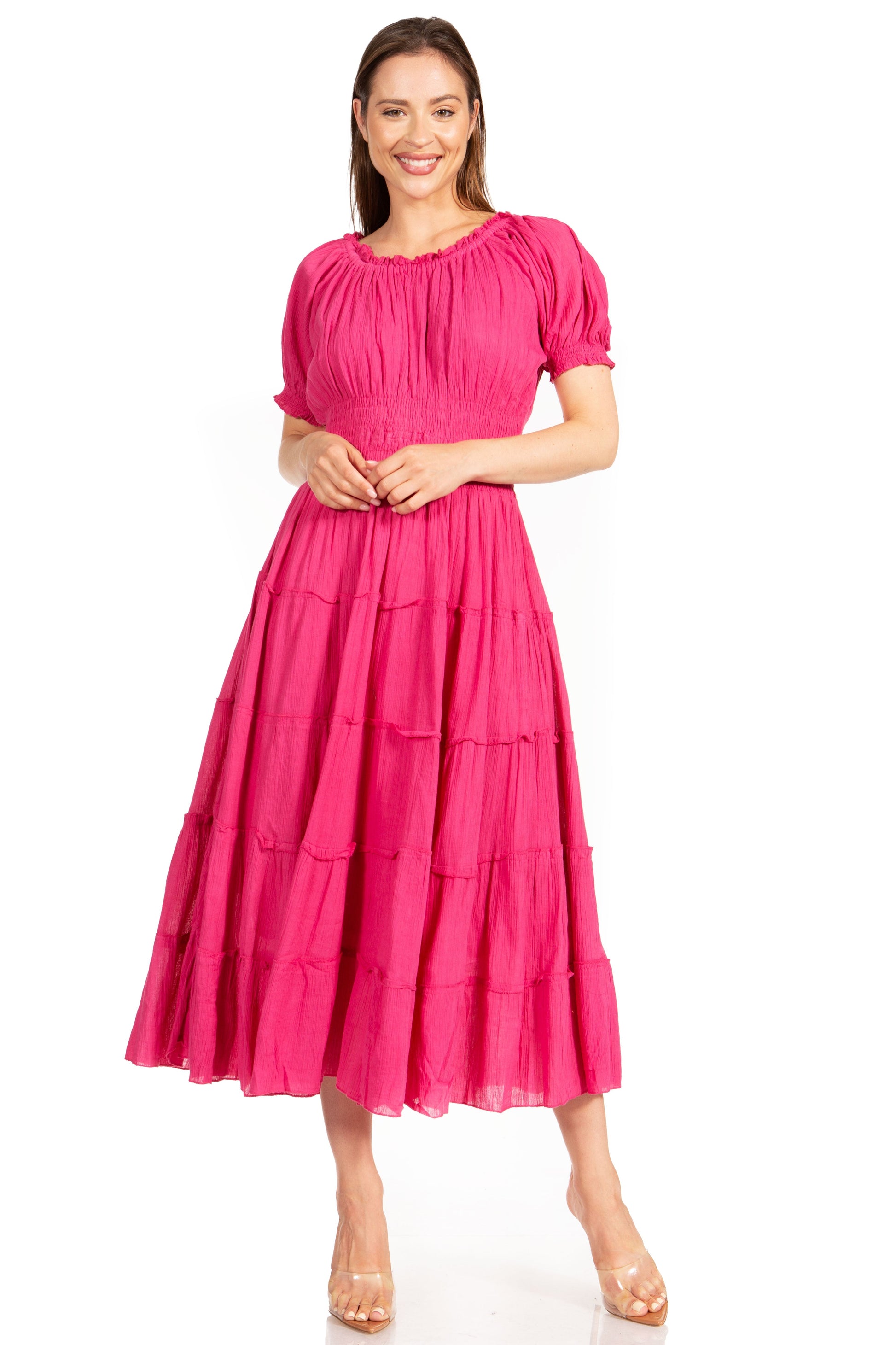 Sakkas Cotton Crepe Smocked Peasant Gypsy Boho Renaissance Mid Length Dress - Concordia Style Boutique