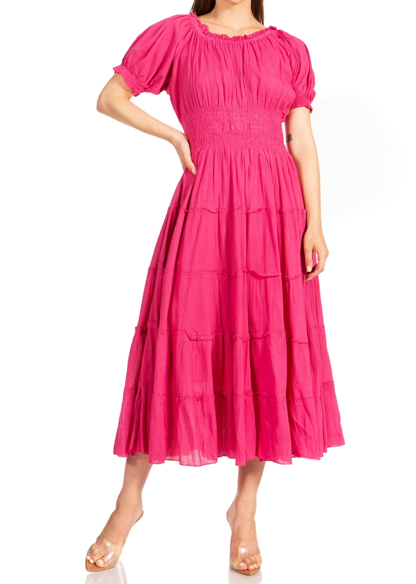 Sakkas Cotton Crepe Smocked Peasant Gypsy Boho Renaissance Mid Length Dress - Concordia Style Boutique