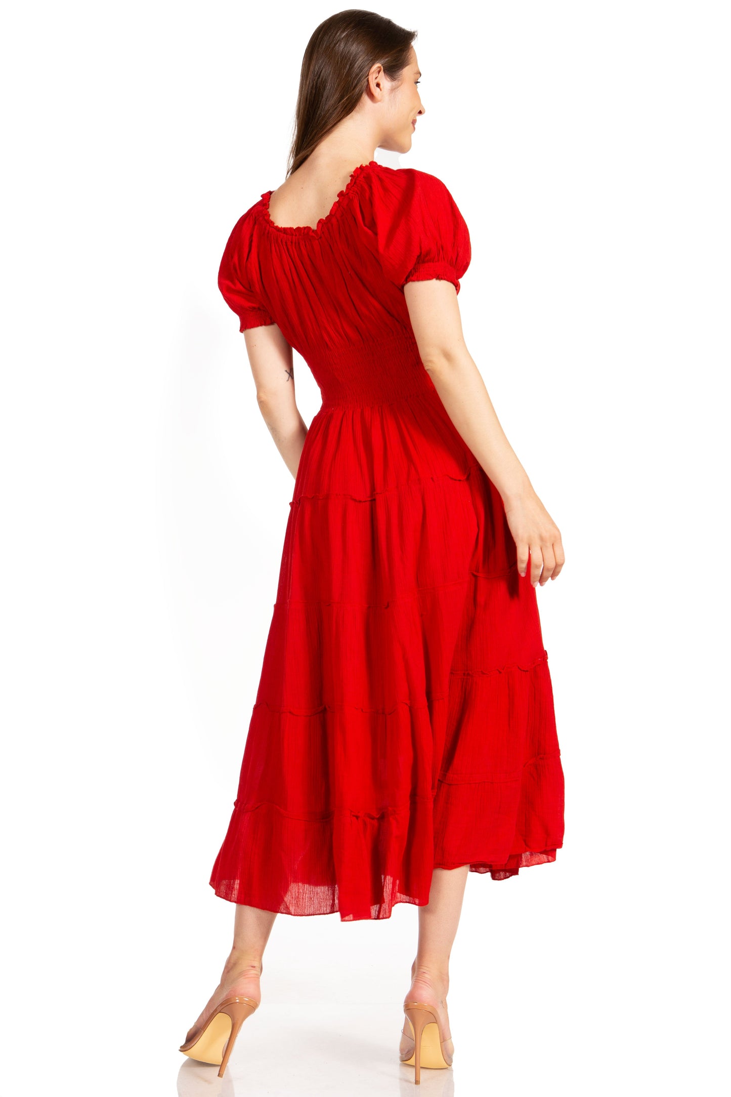 Sakkas Cotton Crepe Smocked Peasant Gypsy Boho Renaissance Mid Length Dress - Concordia Style Boutique