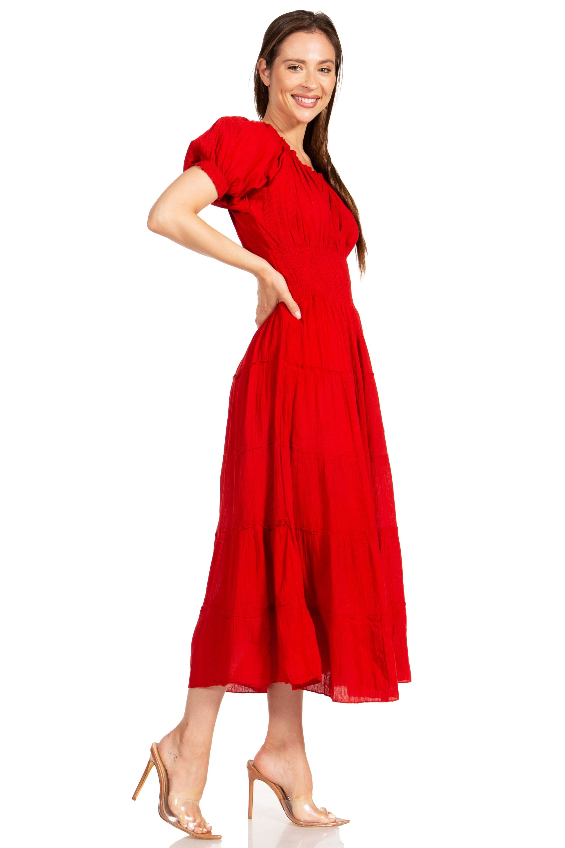 Sakkas Cotton Crepe Smocked Peasant Gypsy Boho Renaissance Mid Length Dress - Concordia Style Boutique