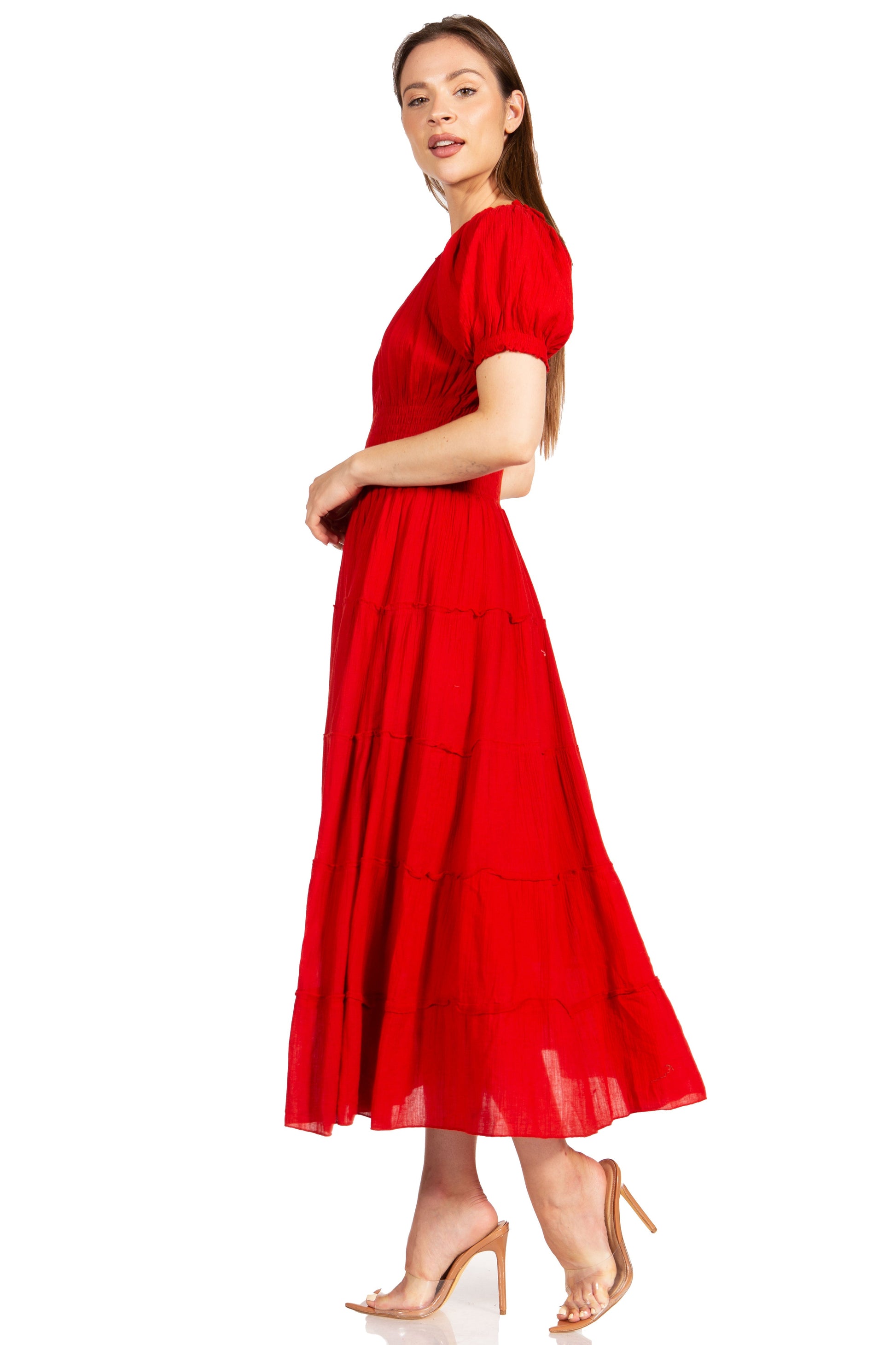 Sakkas Cotton Crepe Smocked Peasant Gypsy Boho Renaissance Mid Length Dress - Concordia Style Boutique