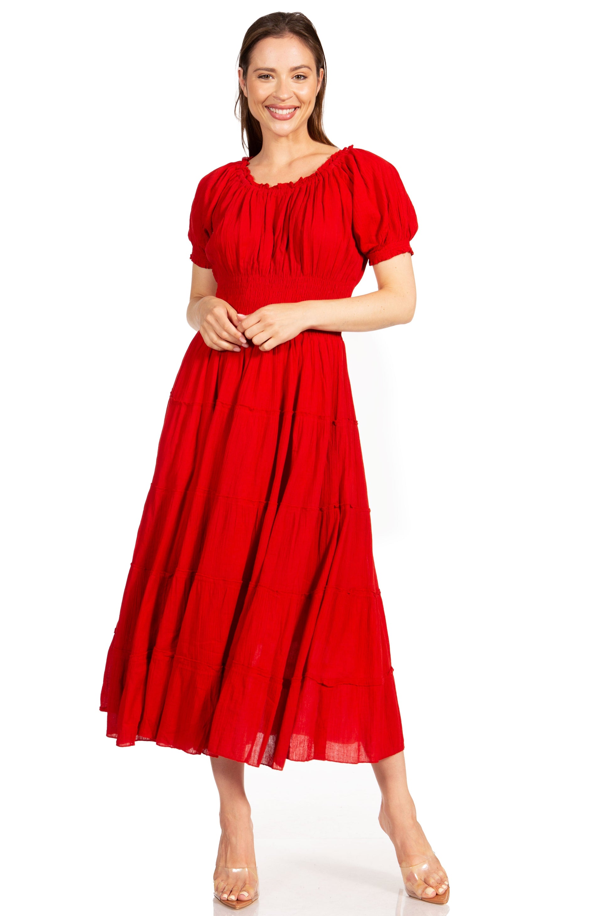 Sakkas Cotton Crepe Smocked Peasant Gypsy Boho Renaissance Mid Length Dress - Concordia Style Boutique