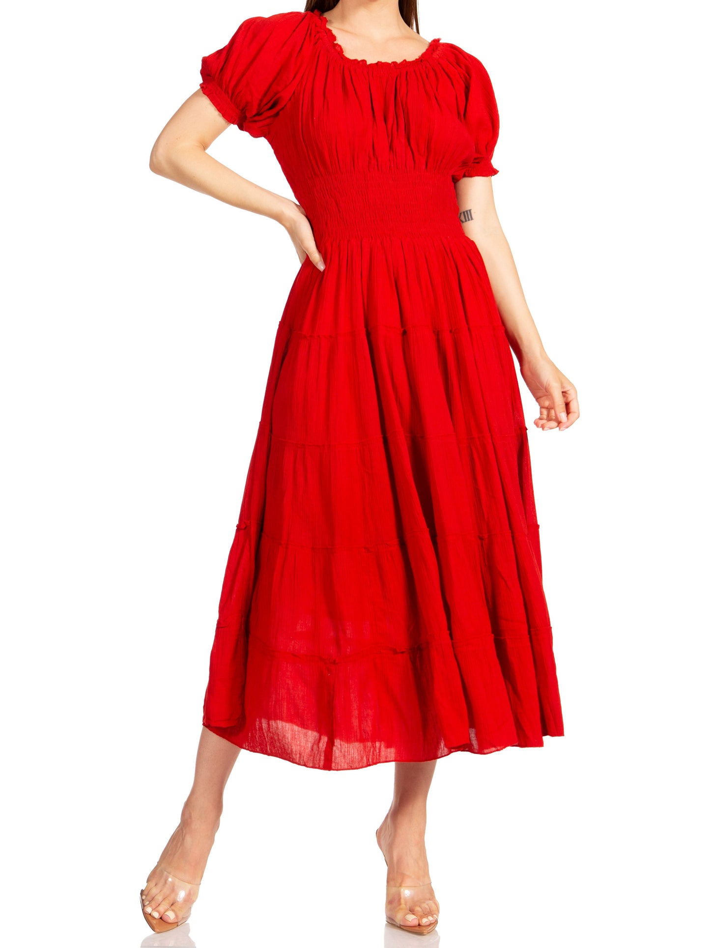 Sakkas Cotton Crepe Smocked Peasant Gypsy Boho Renaissance Mid Length Dress - Concordia Style Boutique