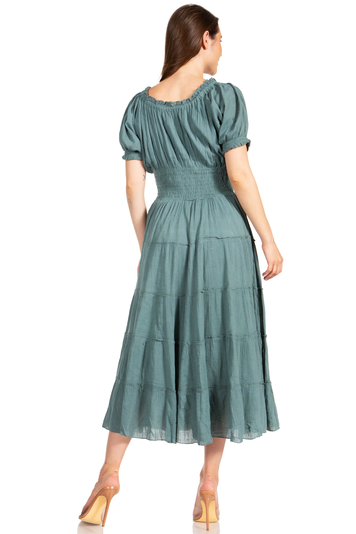 Sakkas Cotton Crepe Smocked Peasant Gypsy Boho Renaissance Mid Length Dress - Concordia Style Boutique