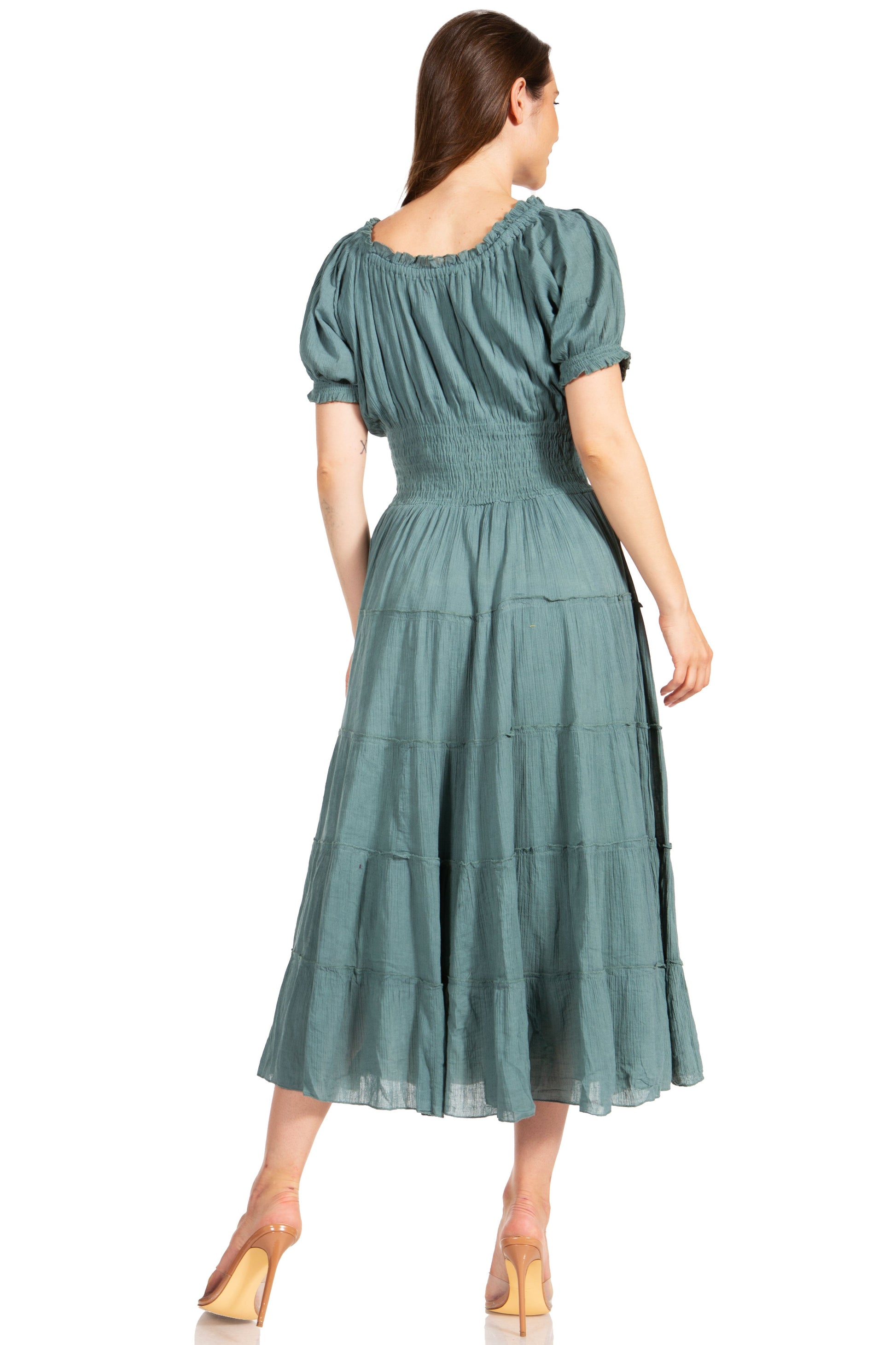Sakkas Cotton Crepe Smocked Peasant Gypsy Boho Renaissance Mid Length Dress - Concordia Style Boutique