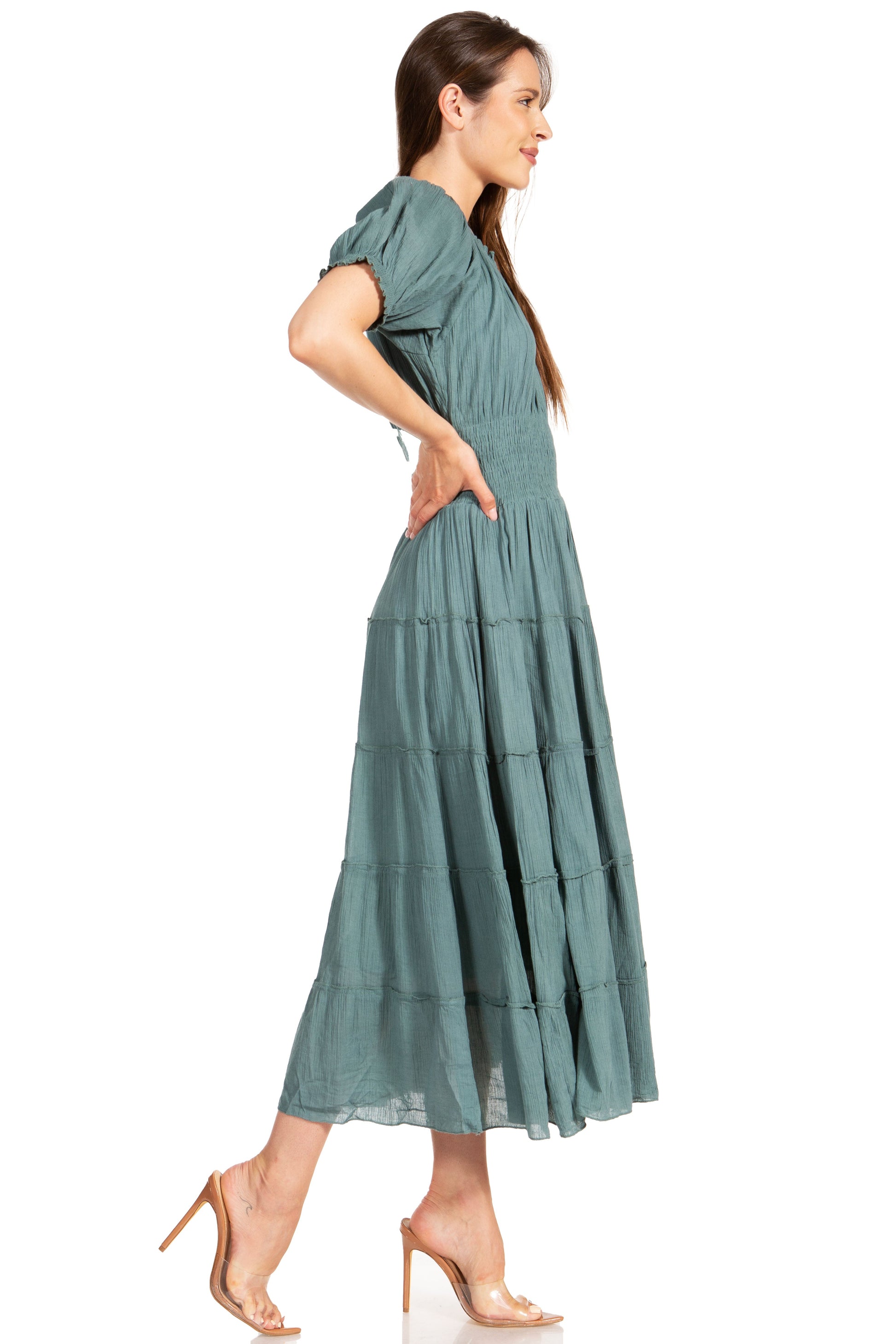 Sakkas Cotton Crepe Smocked Peasant Gypsy Boho Renaissance Mid Length Dress - Concordia Style Boutique