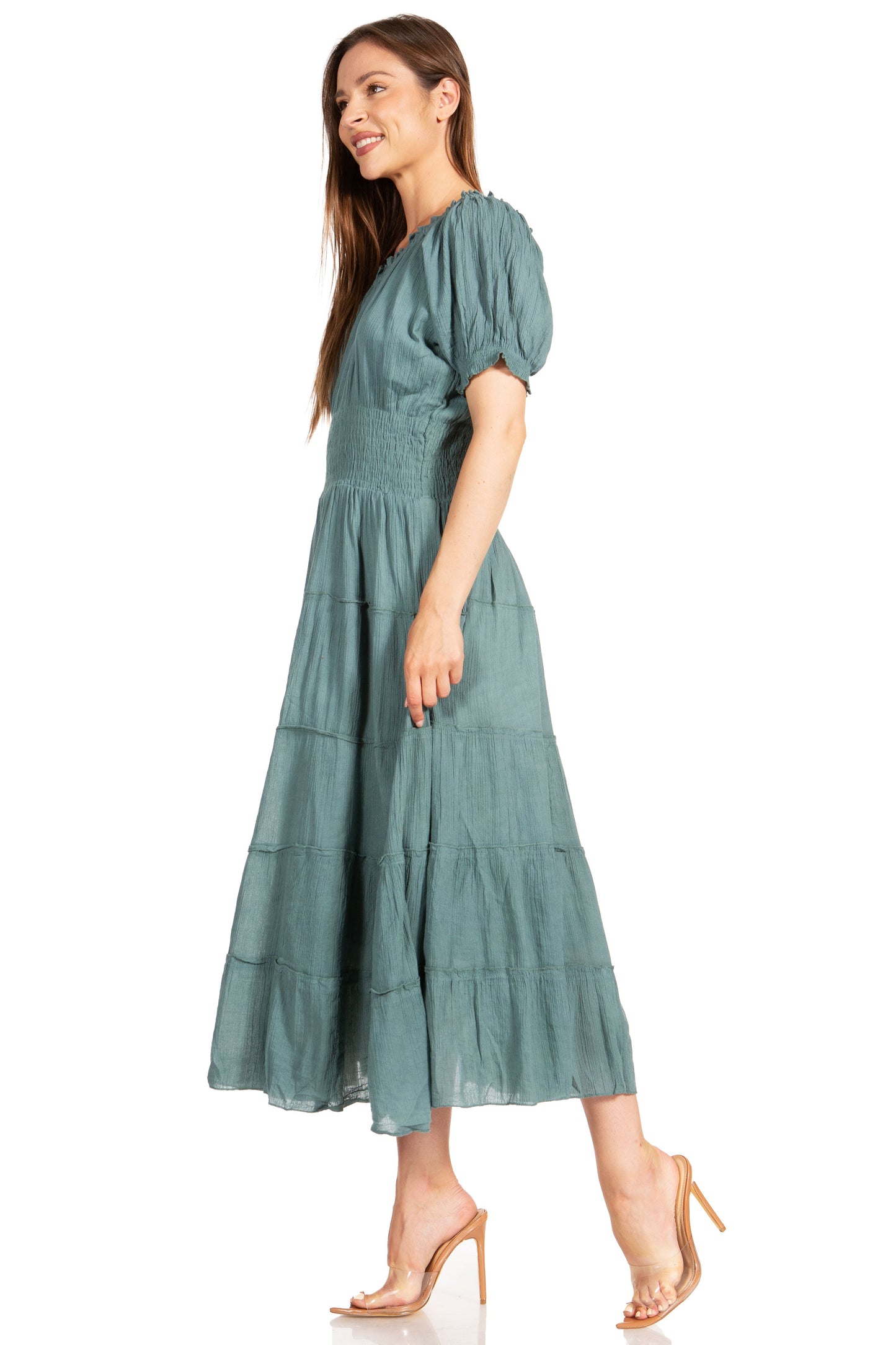 Sakkas Cotton Crepe Smocked Peasant Gypsy Boho Renaissance Mid Length Dress - Concordia Style Boutique