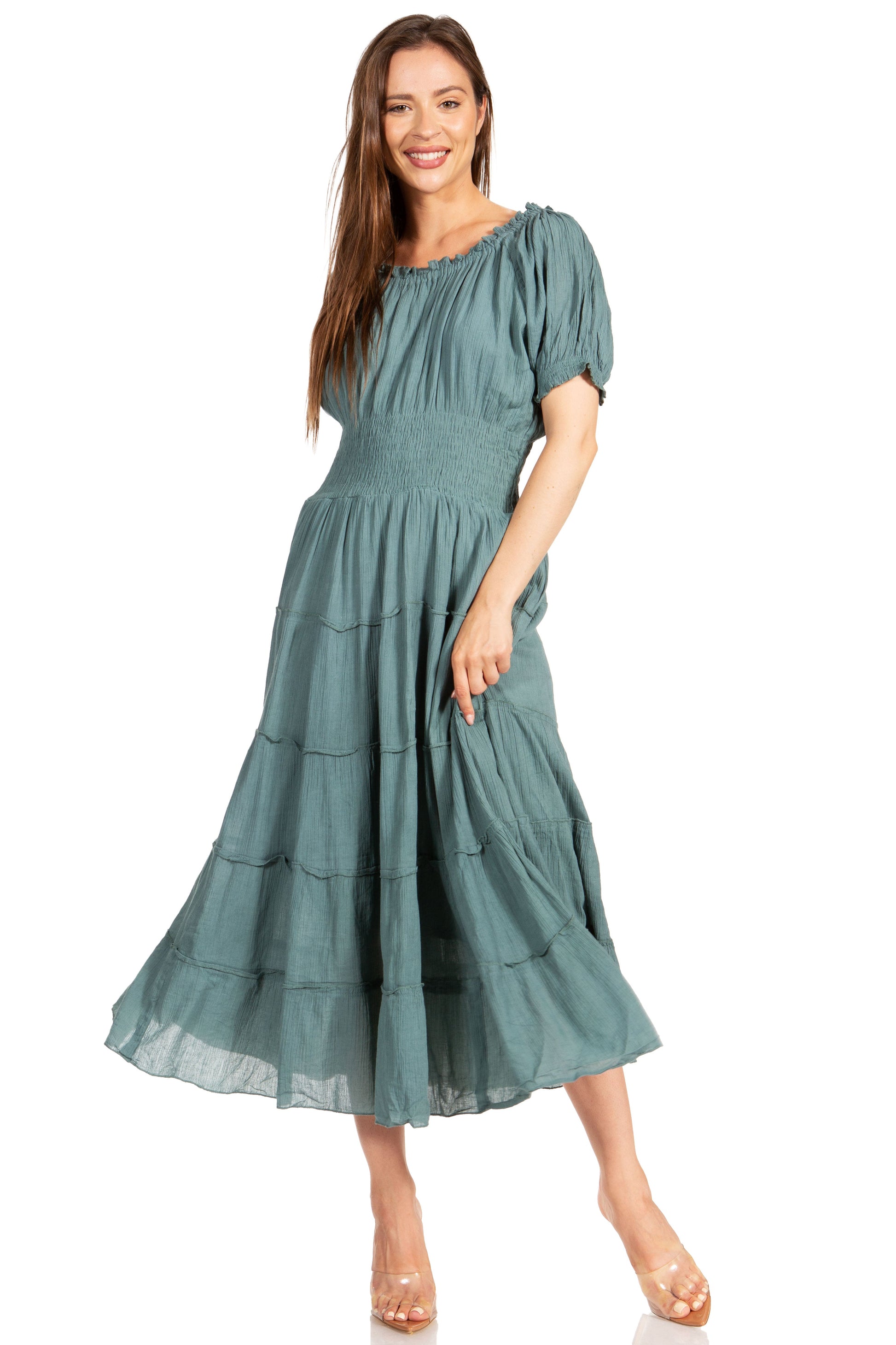 Sakkas Cotton Crepe Smocked Peasant Gypsy Boho Renaissance Mid Length Dress - Concordia Style Boutique
