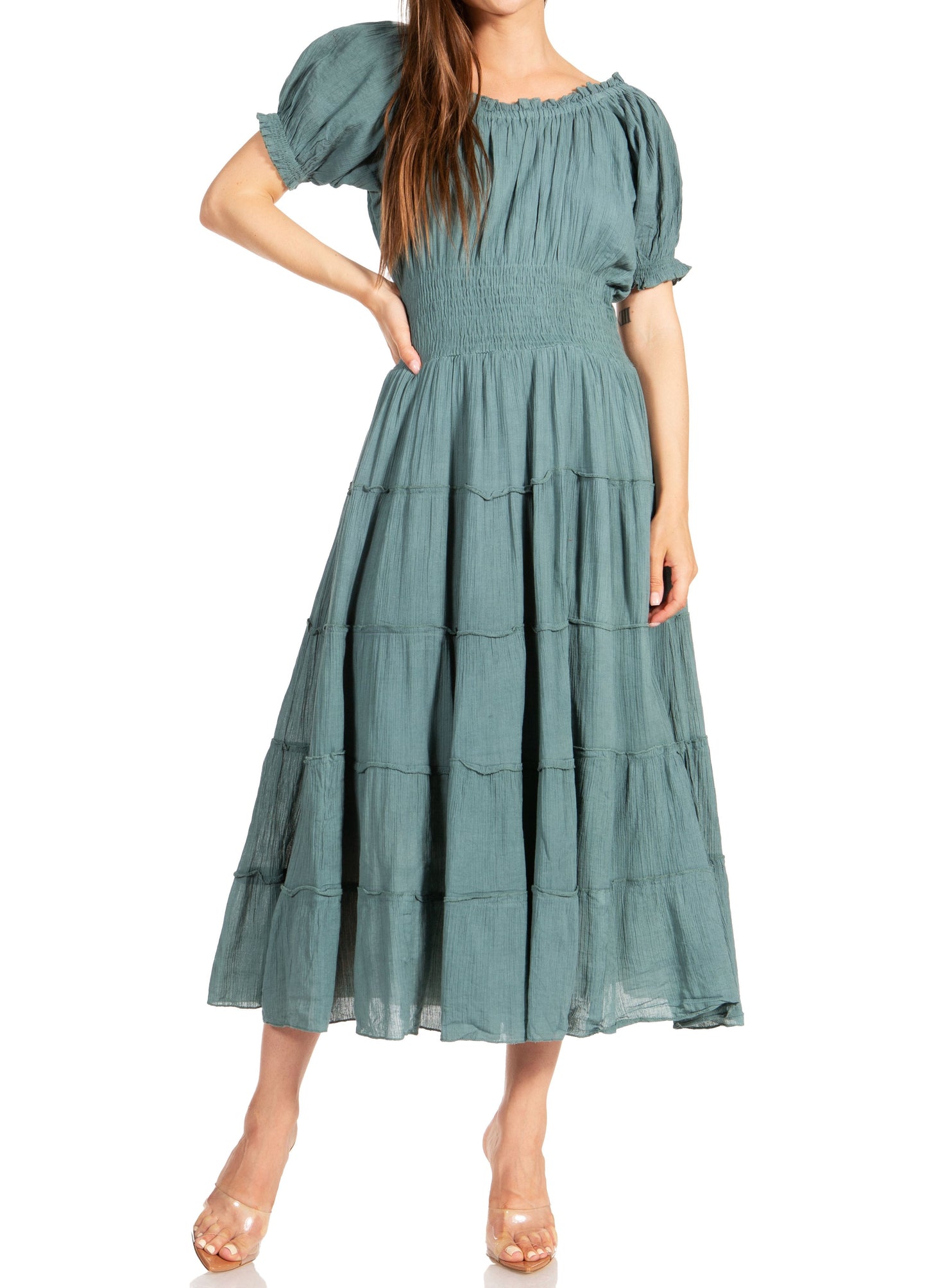Sakkas Cotton Crepe Smocked Peasant Gypsy Boho Renaissance Mid Length Dress - Concordia Style Boutique