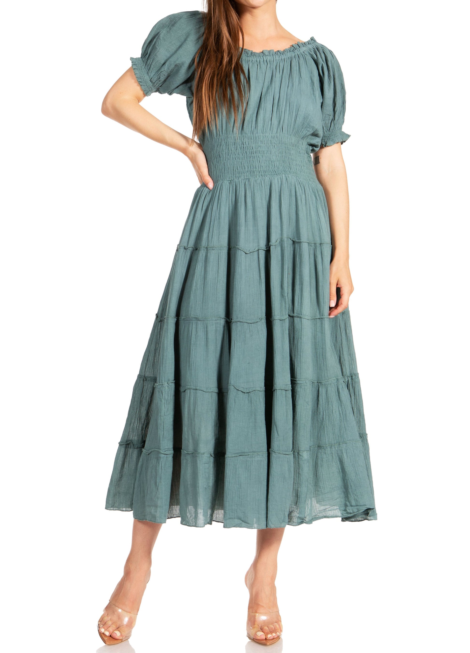 Sakkas Cotton Crepe Smocked Peasant Gypsy Boho Renaissance Mid Length Dress - Concordia Style Boutique
