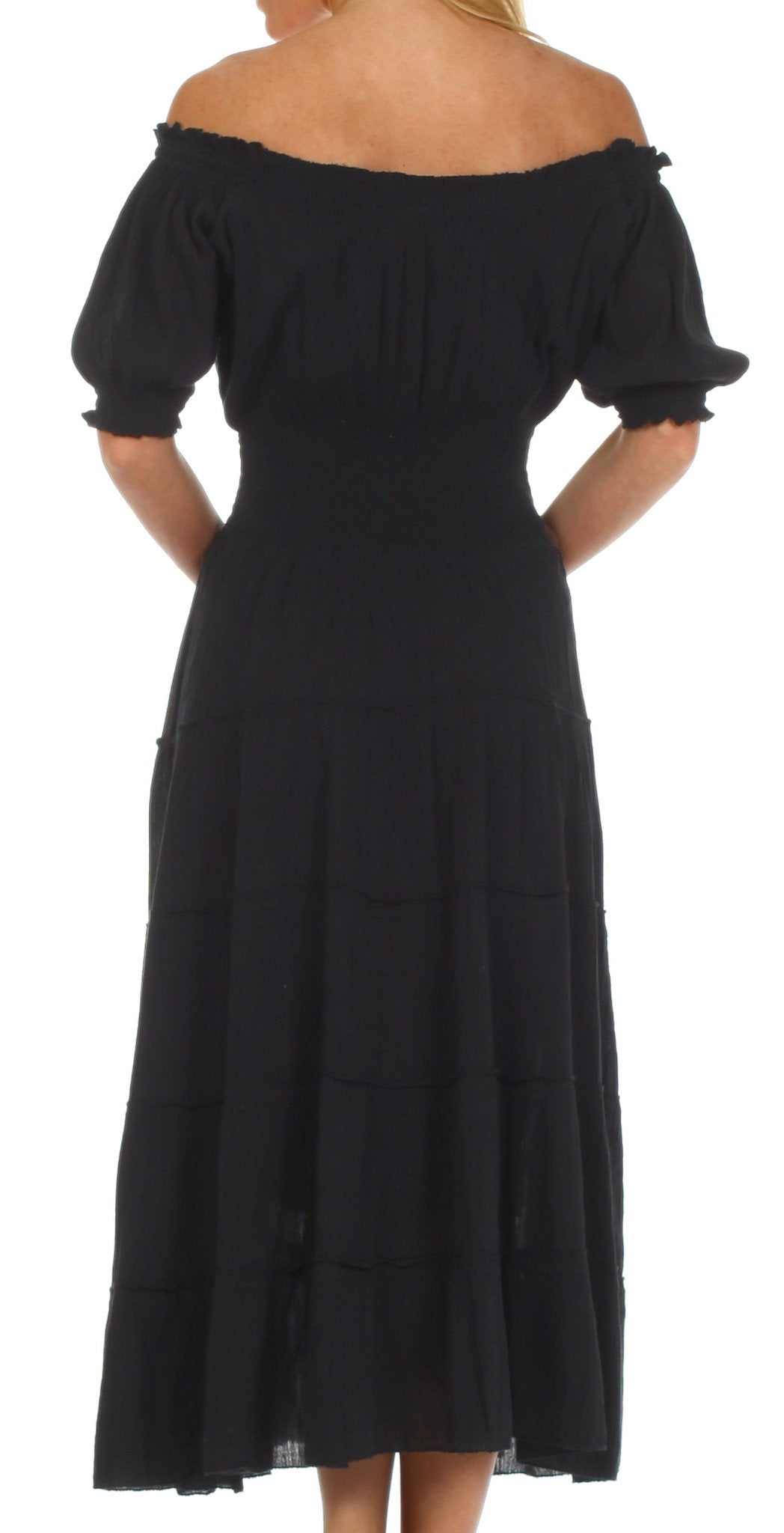 Sakkas Cotton Crepe Smocked Peasant Gypsy Boho Renaissance Mid Length Dress - Concordia Style Boutique