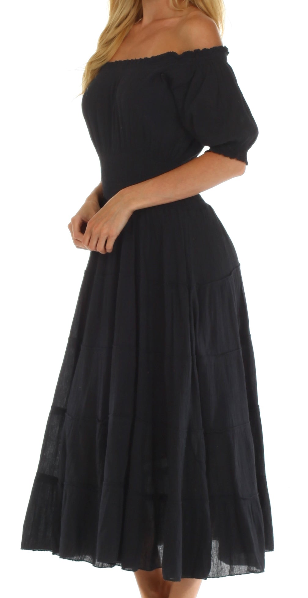 Sakkas Cotton Crepe Smocked Peasant Gypsy Boho Renaissance Mid Length Dress - Concordia Style Boutique