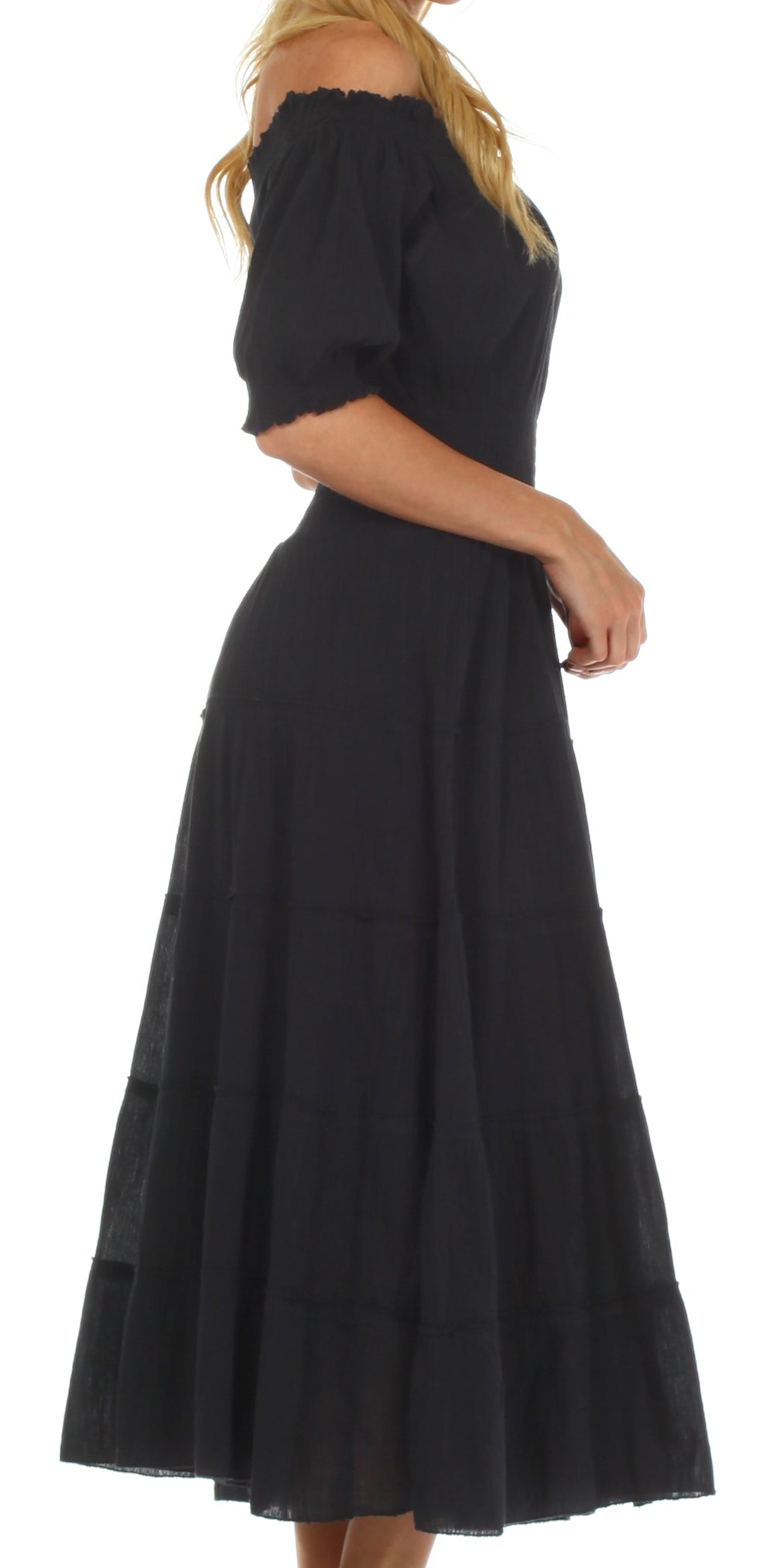 Sakkas Cotton Crepe Smocked Peasant Gypsy Boho Renaissance Mid Length Dress - Concordia Style Boutique