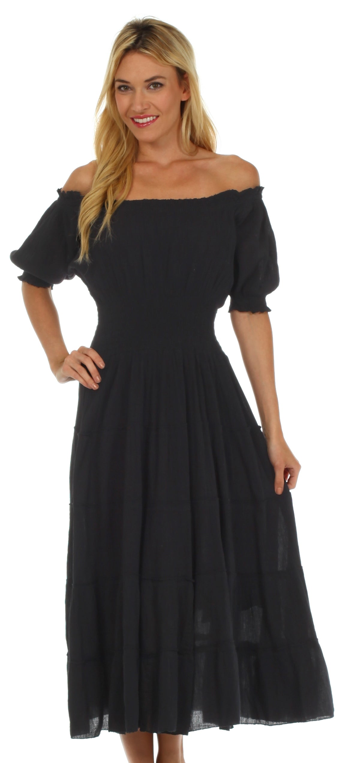 Sakkas Cotton Crepe Smocked Peasant Gypsy Boho Renaissance Mid Length Dress - Concordia Style Boutique