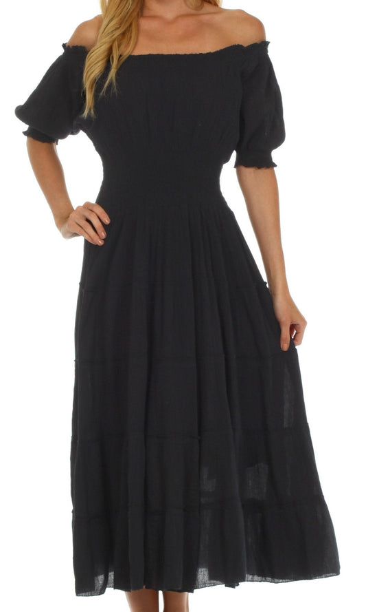 Sakkas Cotton Crepe Smocked Peasant Gypsy Boho Renaissance Mid Length Dress - Concordia Style Boutique