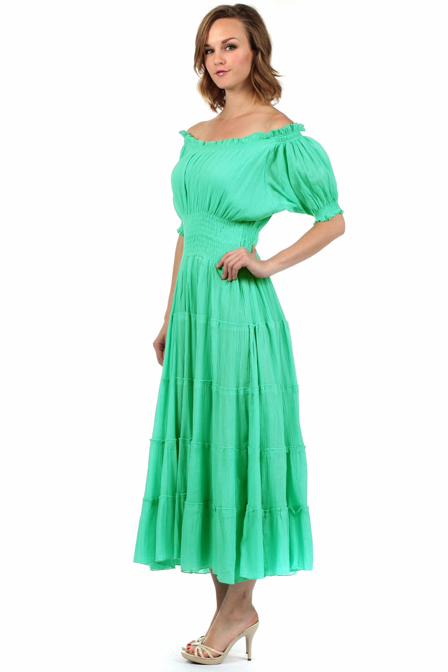 Sakkas Cotton Crepe Smocked Peasant Gypsy Boho Renaissance Mid Length Dress - Concordia Style Boutique