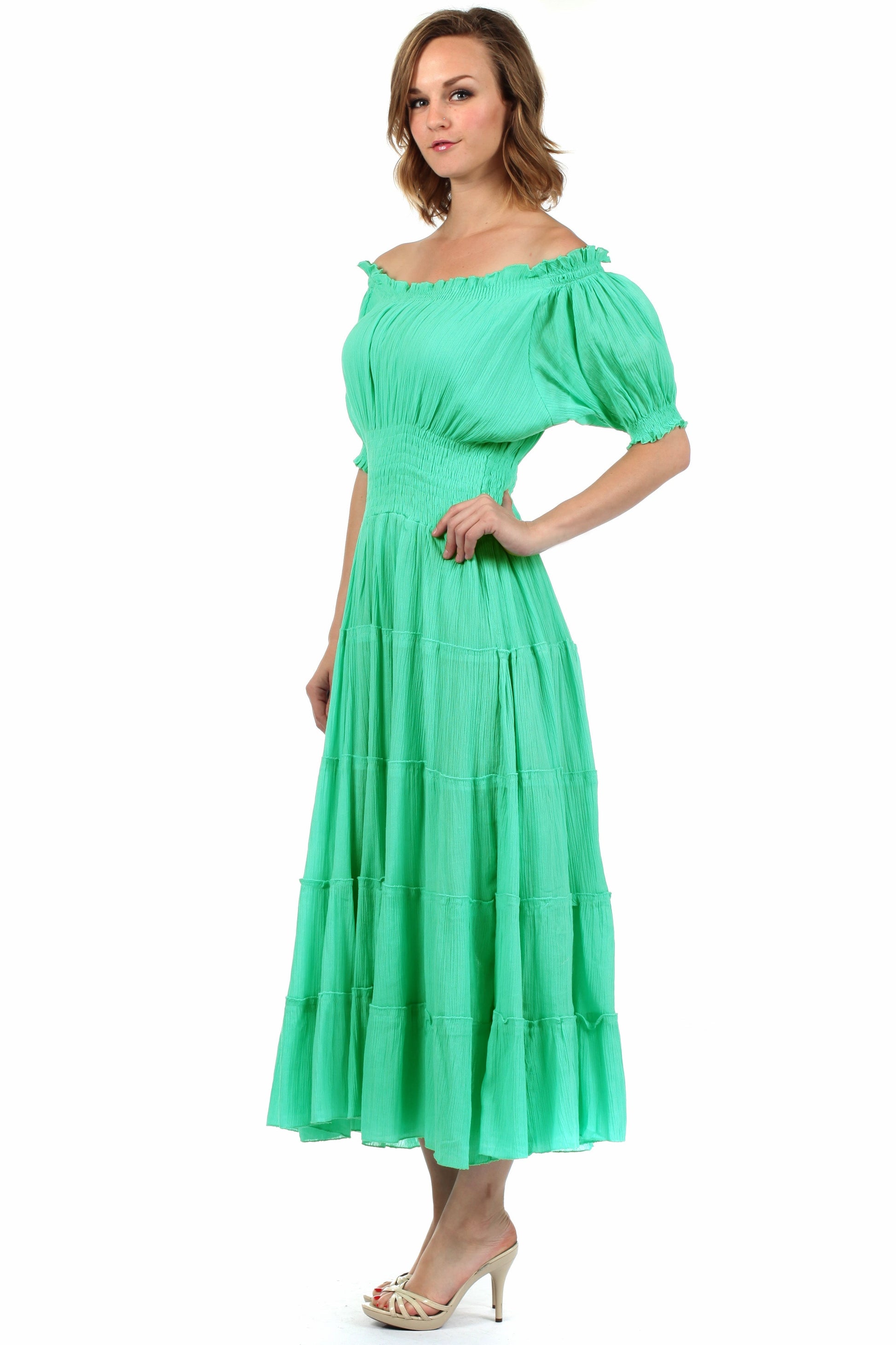 Sakkas Cotton Crepe Smocked Peasant Gypsy Boho Renaissance Mid Length Dress - Concordia Style Boutique