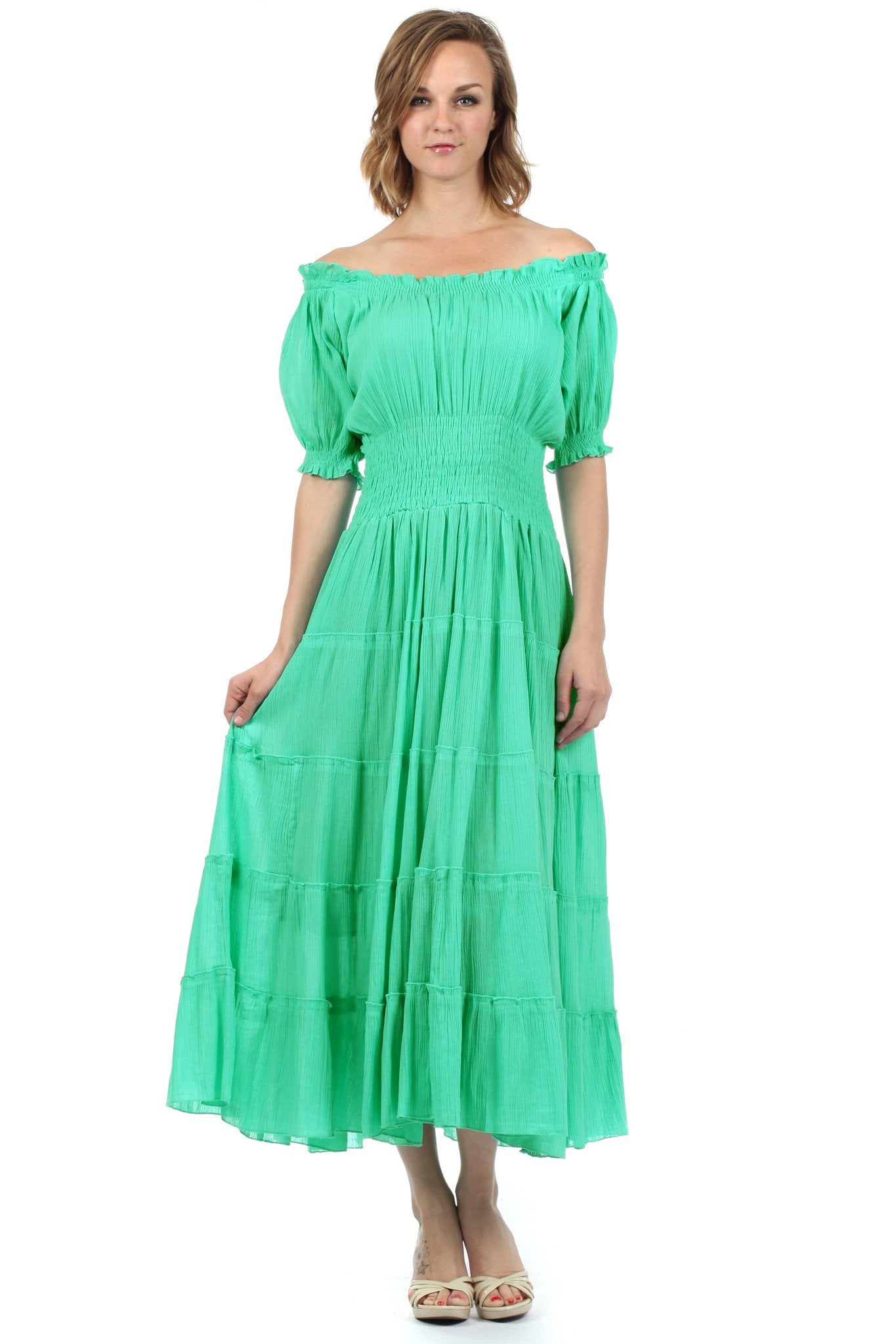 Sakkas Cotton Crepe Smocked Peasant Gypsy Boho Renaissance Mid Length Dress - Concordia Style Boutique
