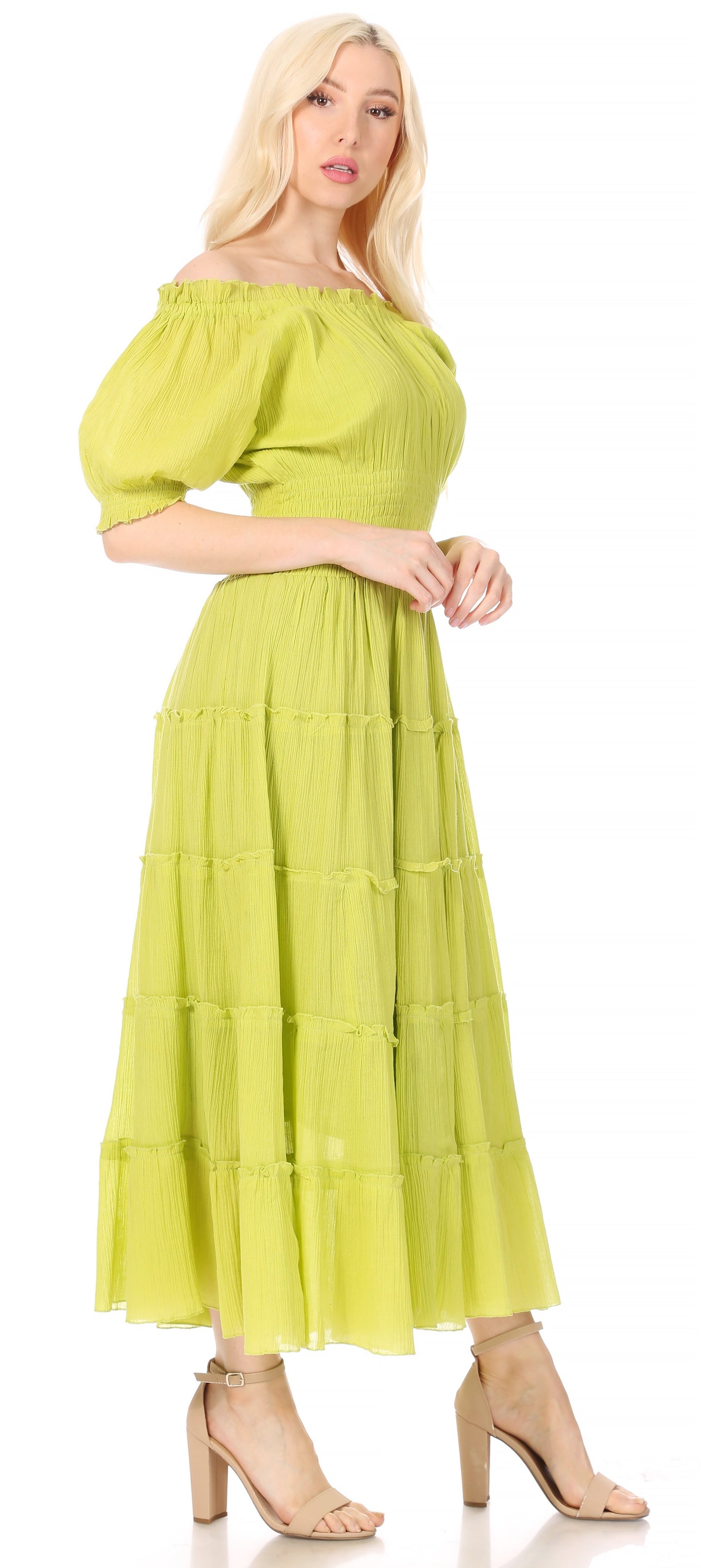 Sakkas Cotton Crepe Smocked Peasant Gypsy Boho Renaissance Mid Length Dress - Concordia Style Boutique