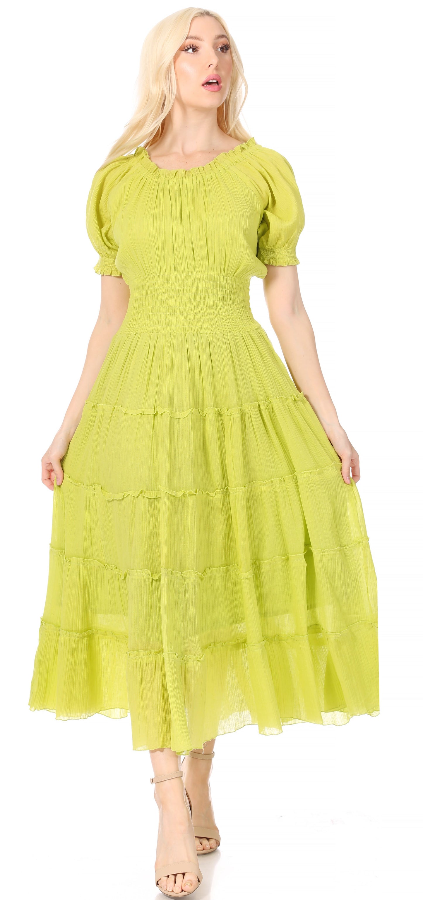 Sakkas Cotton Crepe Smocked Peasant Gypsy Boho Renaissance Mid Length Dress - Concordia Style Boutique