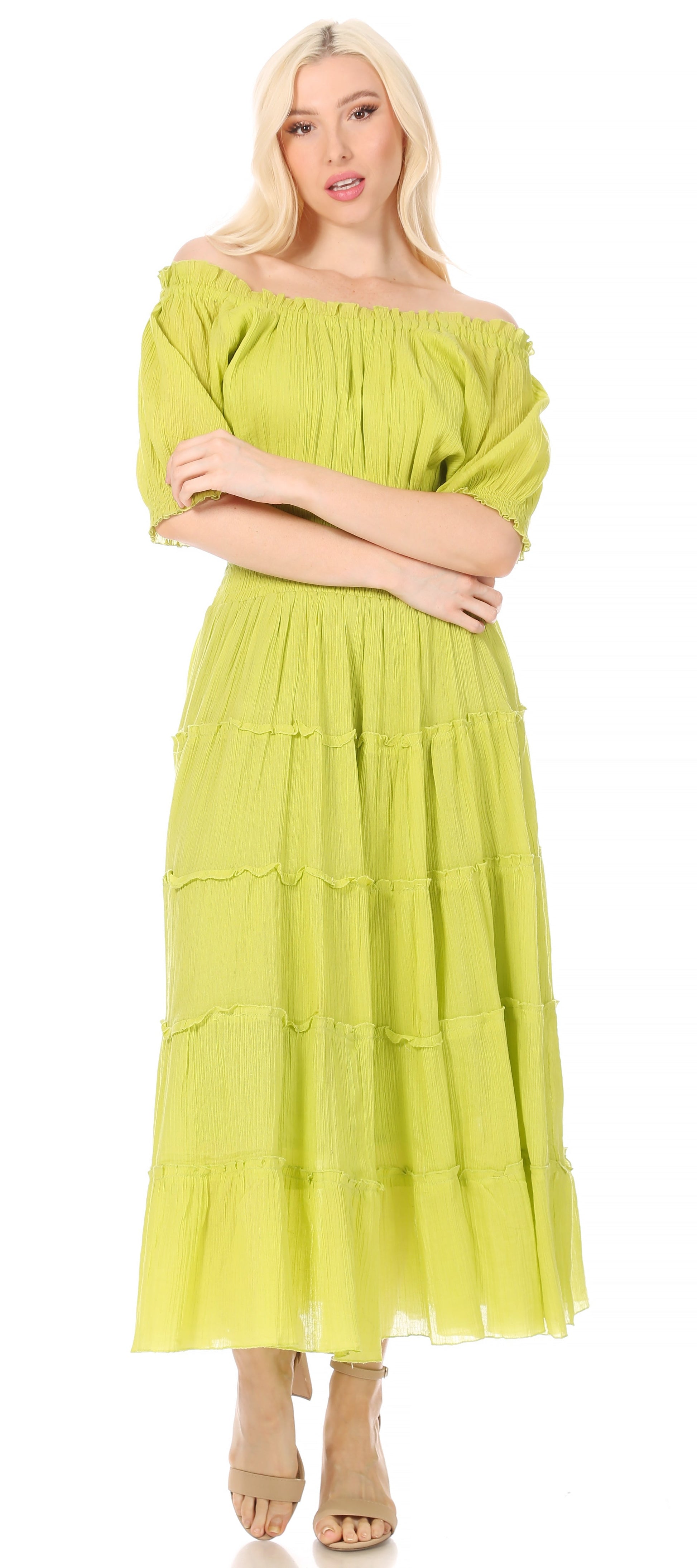 Sakkas Cotton Crepe Smocked Peasant Gypsy Boho Renaissance Mid Length Dress - Concordia Style Boutique