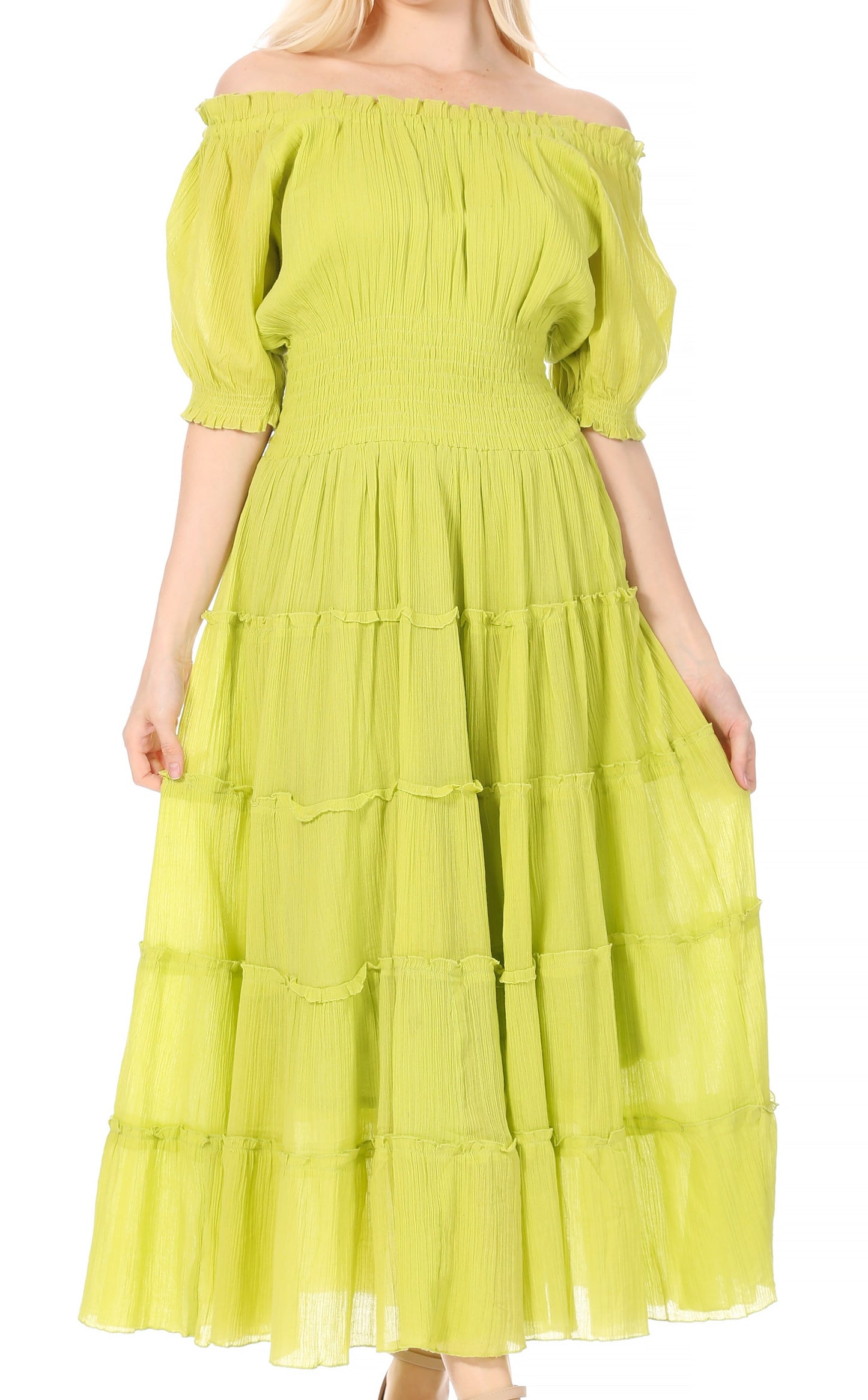 Sakkas Cotton Crepe Smocked Peasant Gypsy Boho Renaissance Mid Length Dress - Concordia Style Boutique