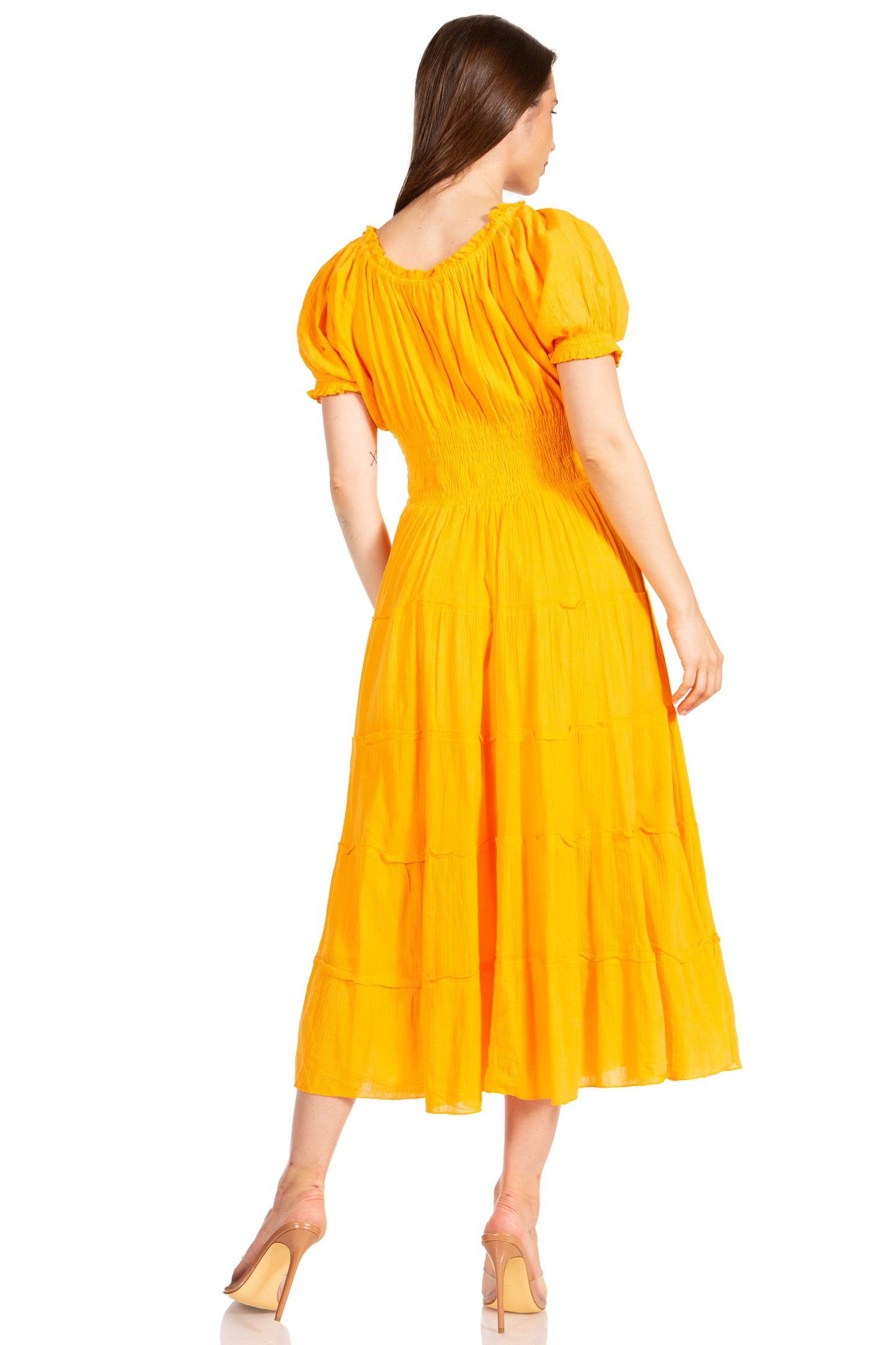 Sakkas Cotton Crepe Smocked Peasant Gypsy Boho Renaissance Mid Length Dress - Concordia Style Boutique
