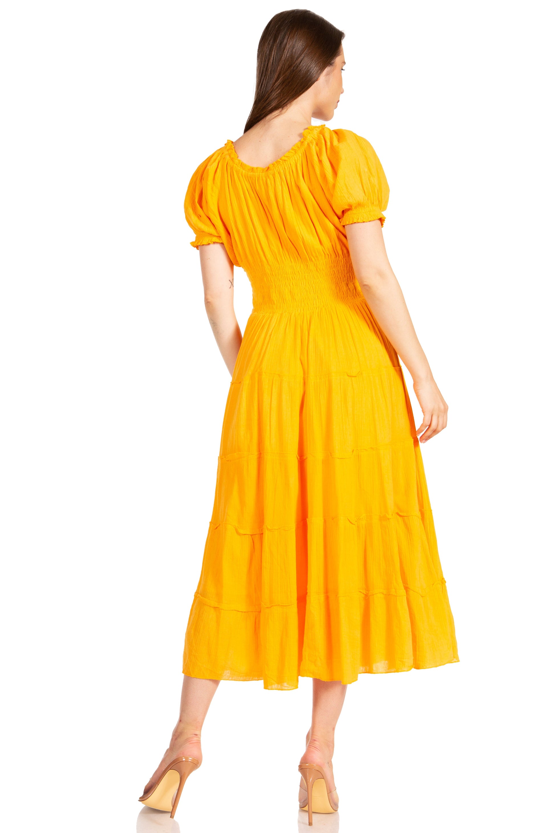 Sakkas Cotton Crepe Smocked Peasant Gypsy Boho Renaissance Mid Length Dress - Concordia Style Boutique