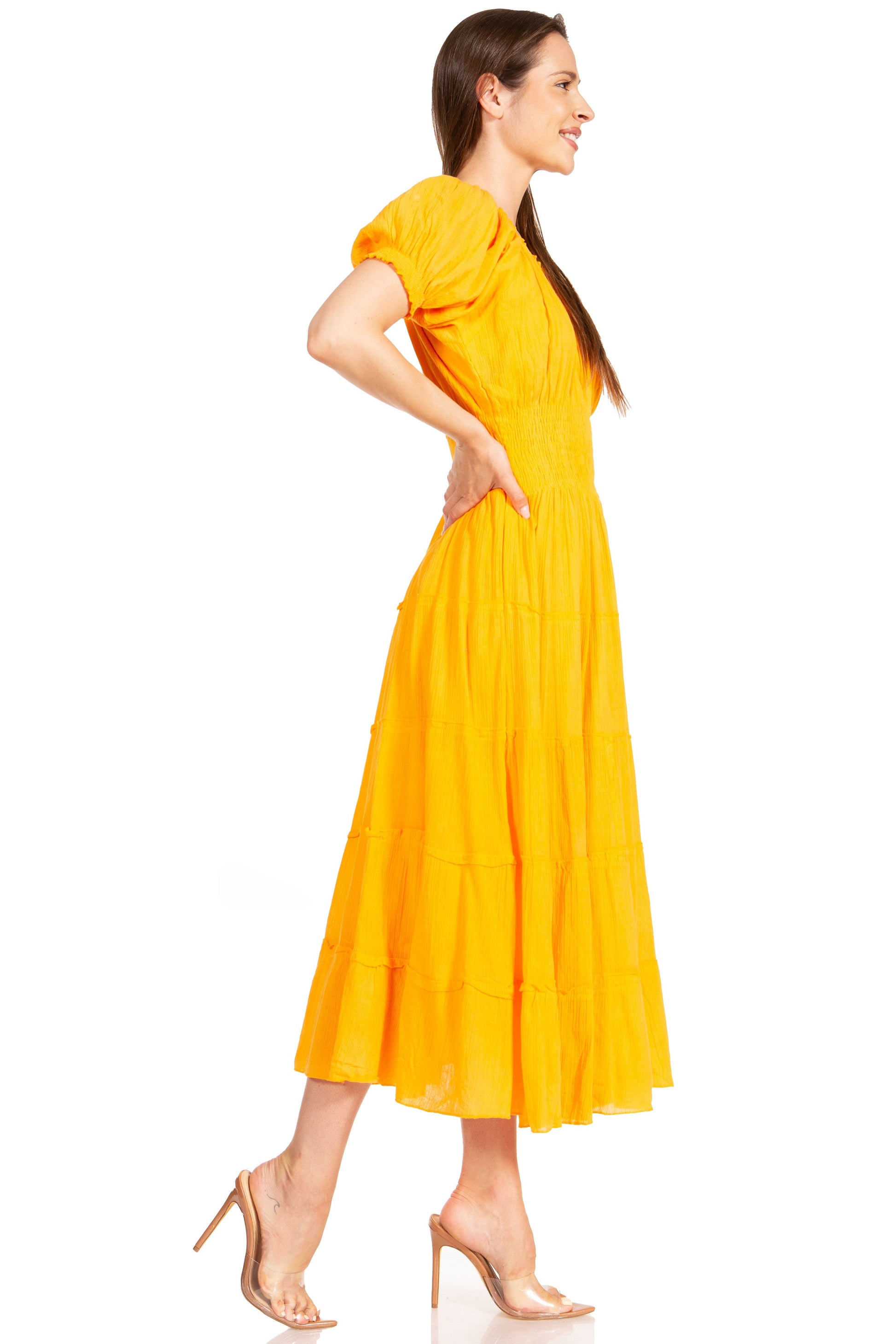 Sakkas Cotton Crepe Smocked Peasant Gypsy Boho Renaissance Mid Length Dress - Concordia Style Boutique