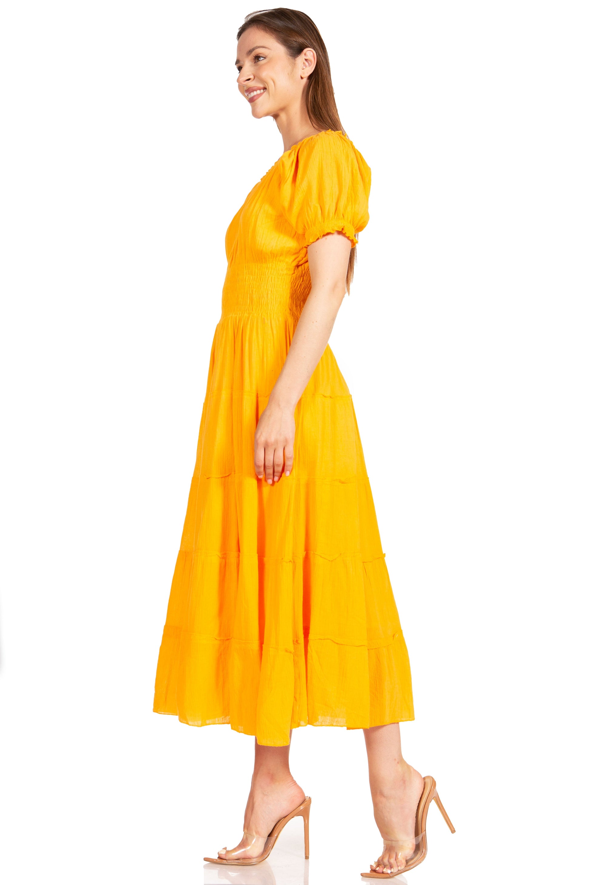 Sakkas Cotton Crepe Smocked Peasant Gypsy Boho Renaissance Mid Length Dress - Concordia Style Boutique