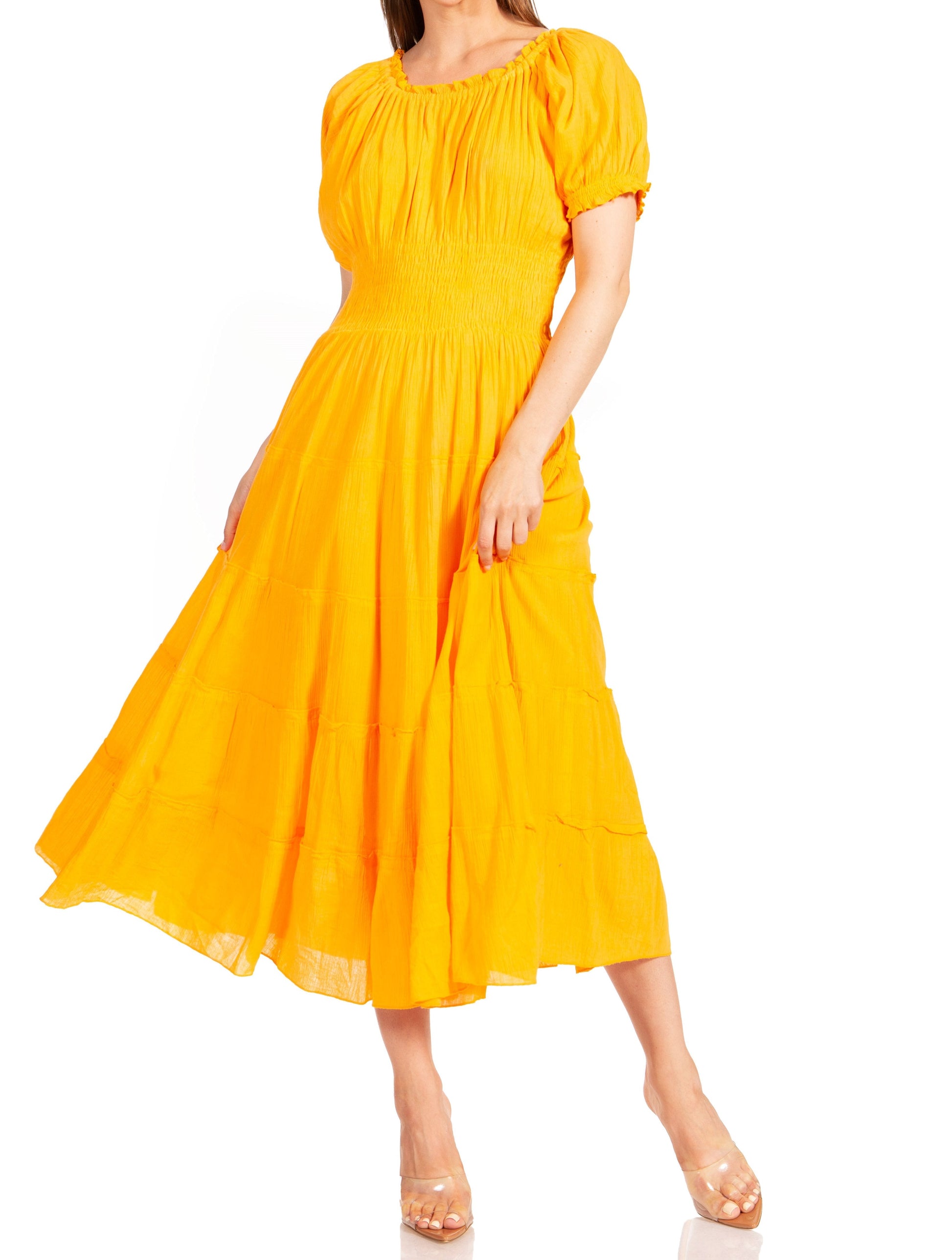 Sakkas Cotton Crepe Smocked Peasant Gypsy Boho Renaissance Mid Length Dress - Concordia Style Boutique