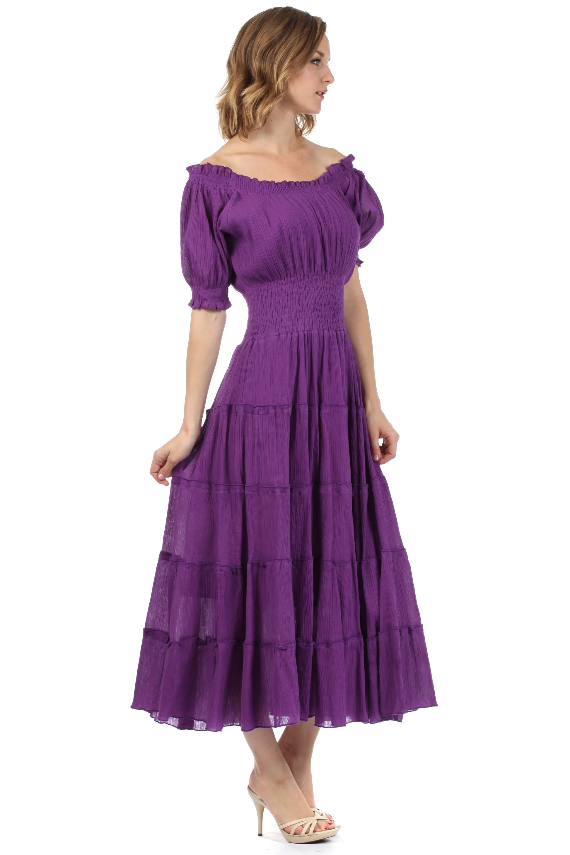 Sakkas Cotton Crepe Smocked Peasant Gypsy Boho Renaissance Mid Length Dress - Concordia Style Boutique