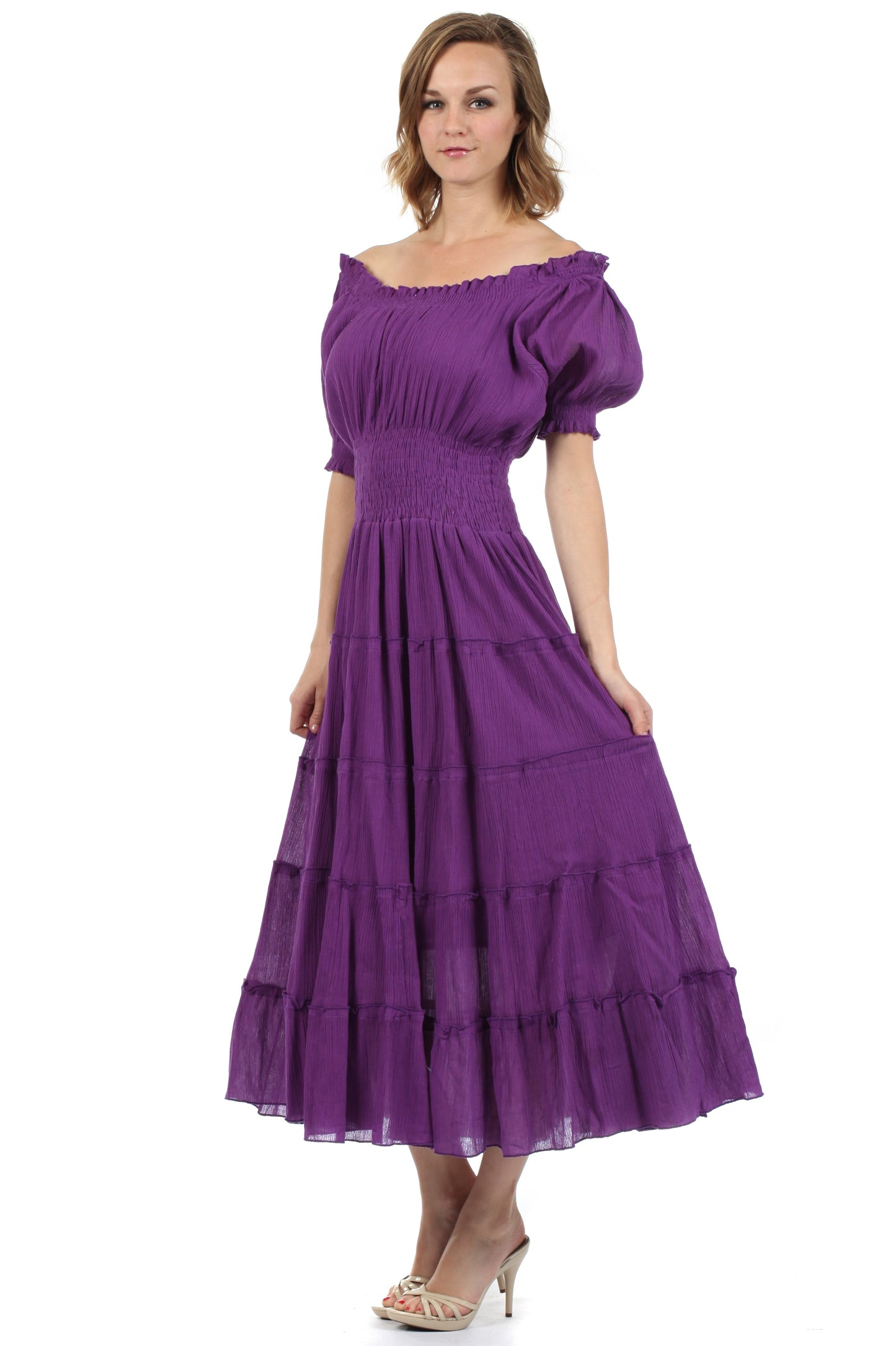 Sakkas Cotton Crepe Smocked Peasant Gypsy Boho Renaissance Mid Length Dress - Concordia Style Boutique
