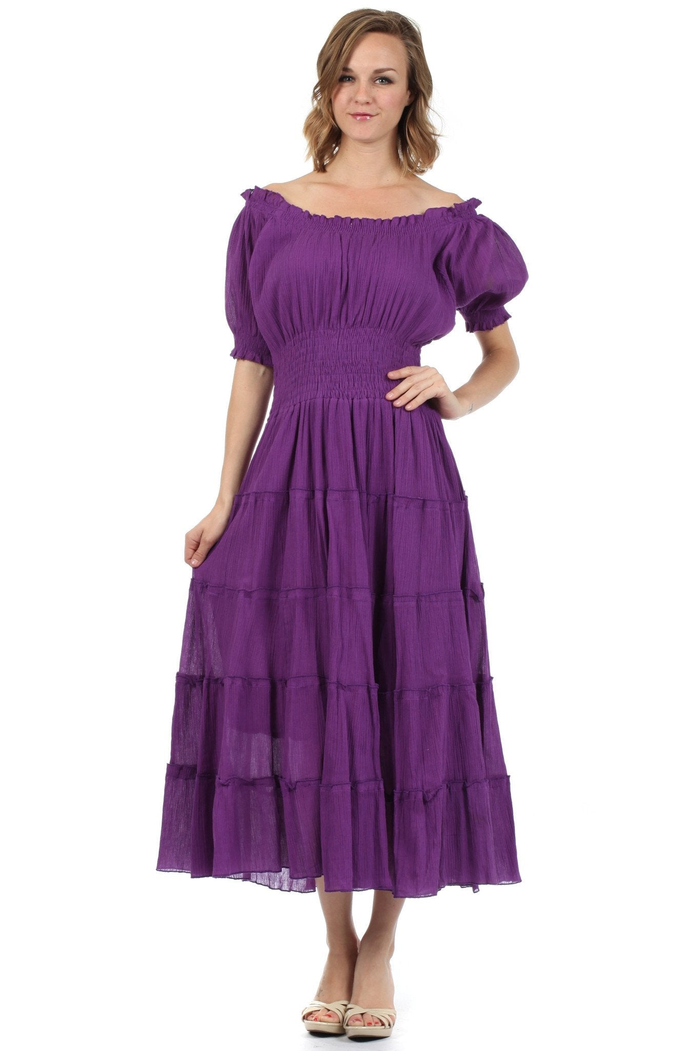 Sakkas Cotton Crepe Smocked Peasant Gypsy Boho Renaissance Mid Length Dress - Concordia Style Boutique