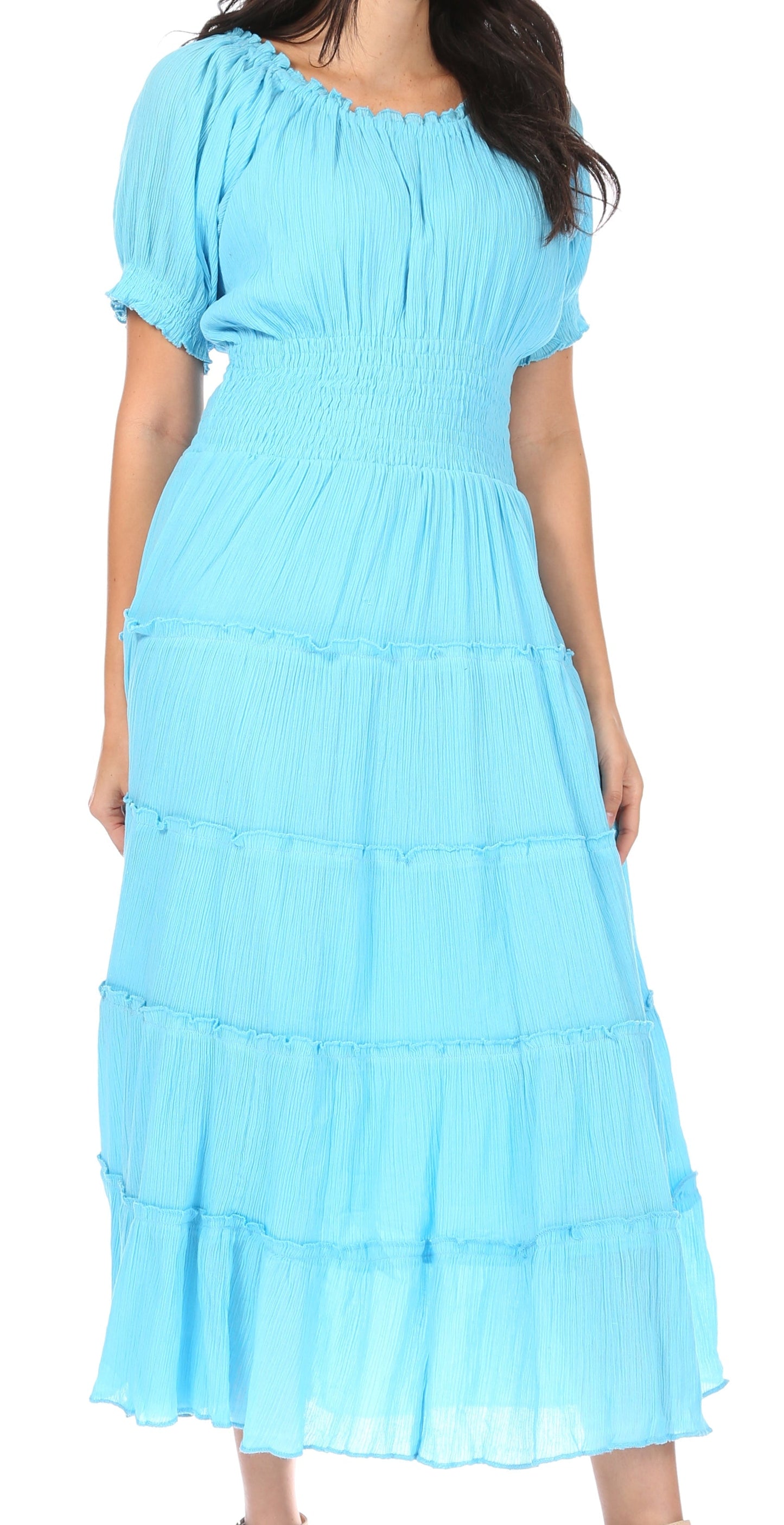 Sakkas Cotton Crepe Smocked Peasant Gypsy Boho Renaissance Mid Length Dress - Concordia Style Boutique