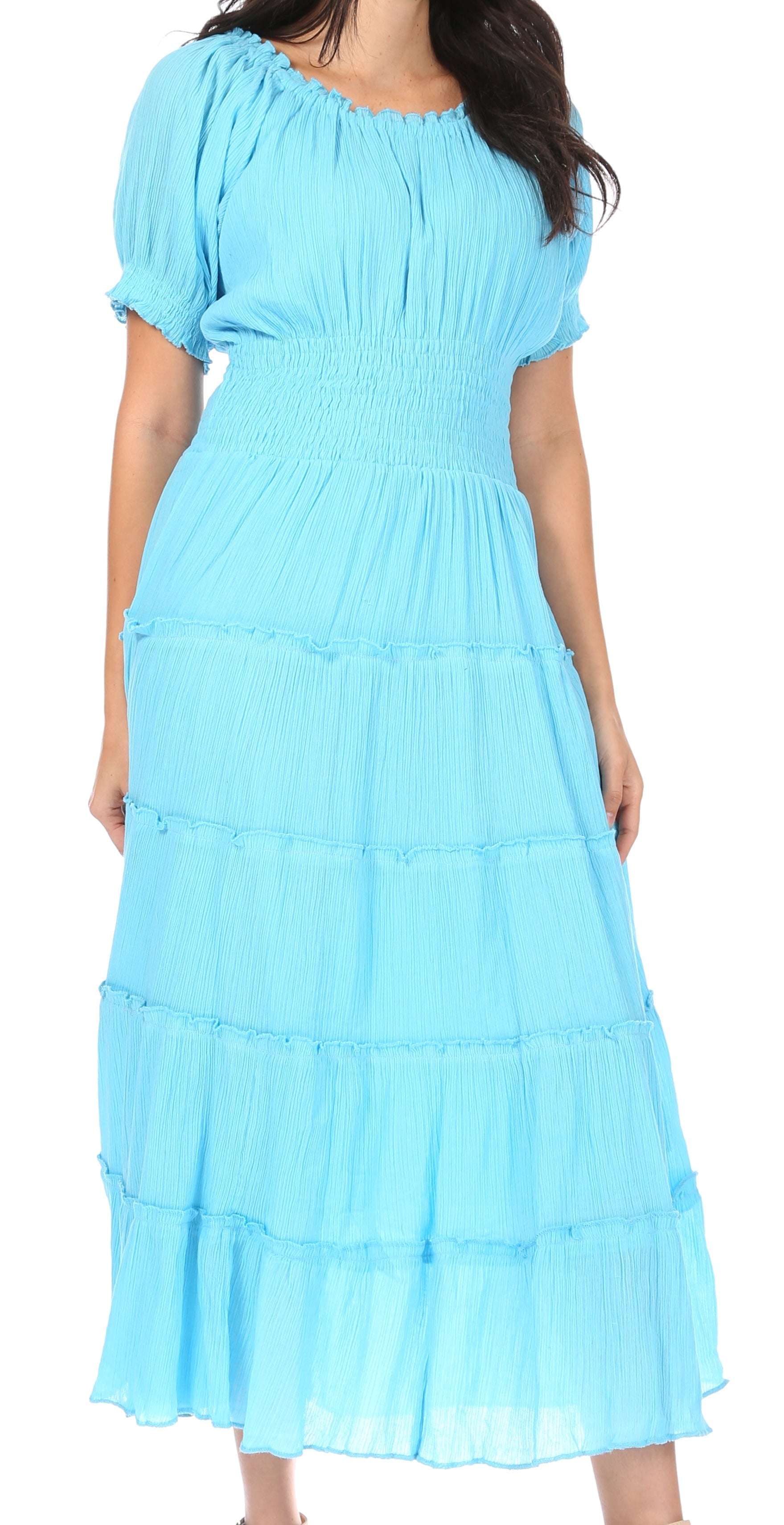 Sakkas Cotton Crepe Smocked Peasant Gypsy Boho Renaissance Mid Length Dress - Concordia Style Boutique